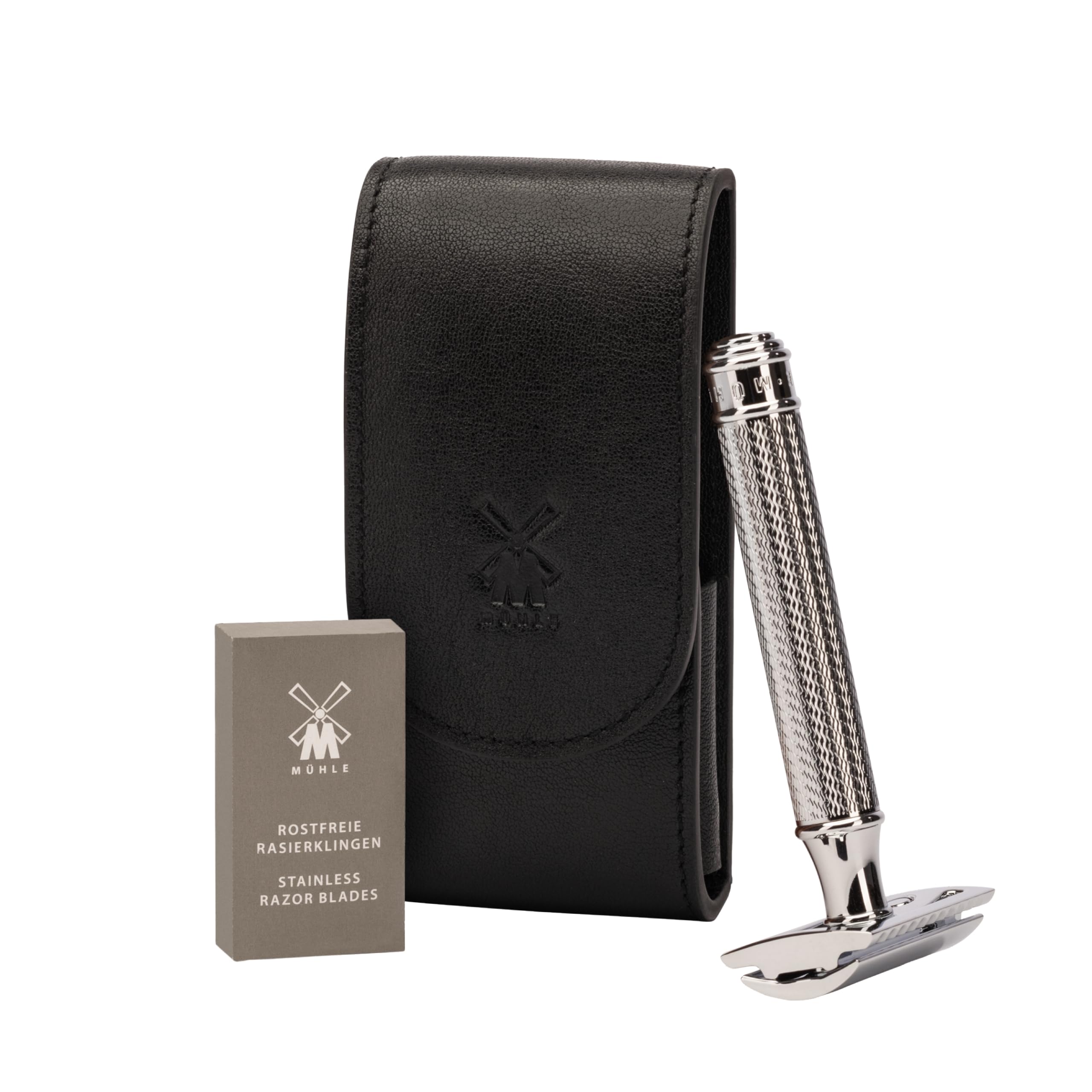 MÜHLE Travel Leder Reisetasche - Reiseetui aus Echtleder schwarz, Rasierhobel R 89 mit geschlossenem Kamm und 10 Klingen