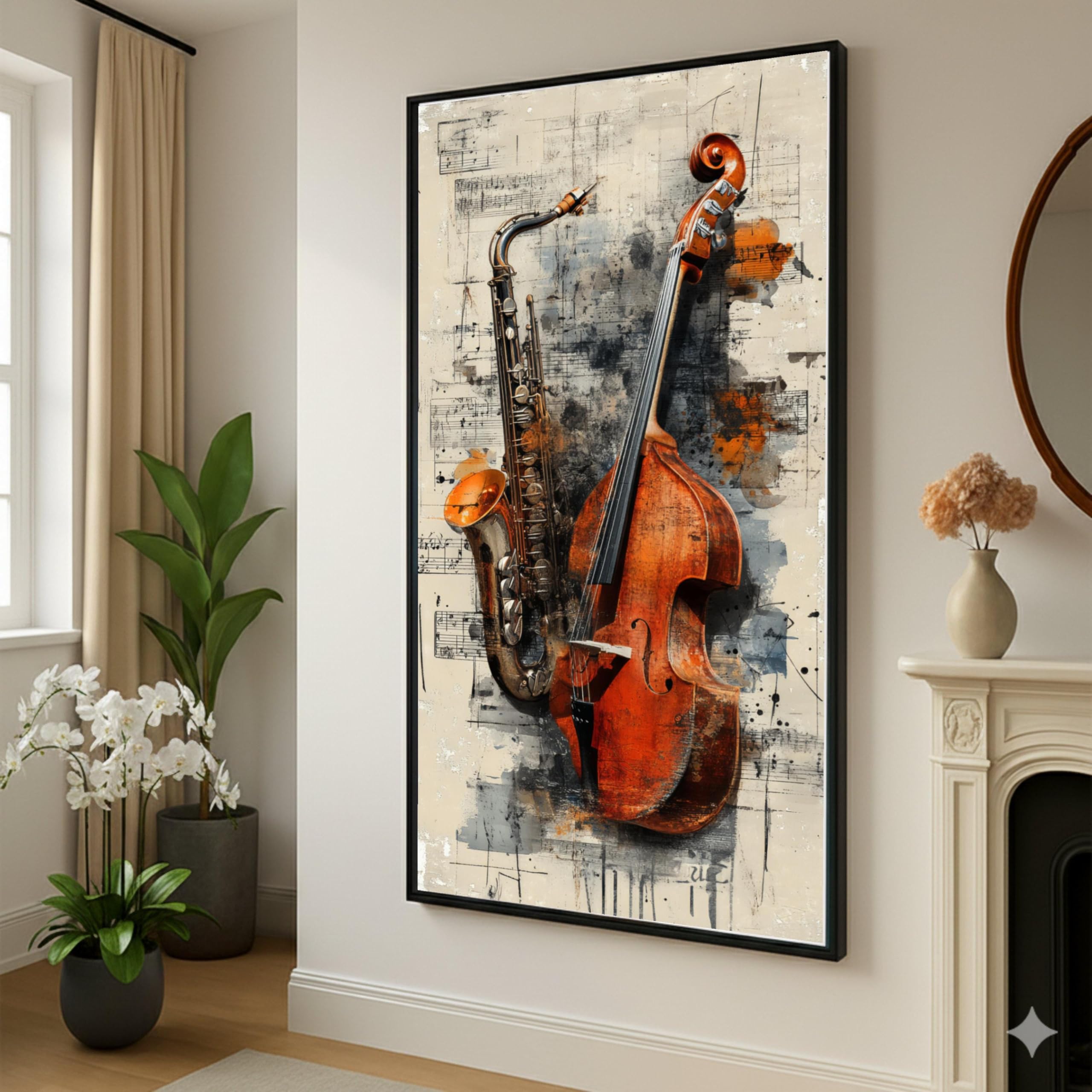 TONGYINLI Lienzo vintage de saxofón y contrabajo, arte mural de instrumentos musicales, decoración de música jazz, fondo de partituras (55 x 100 cm/marco interior)