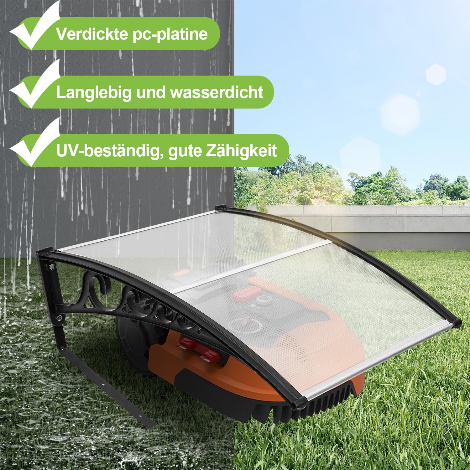 Garaż dla robota koszącego, wytrzymała wiata dla robota koszącego z łukowym designem, odporne na warunki atmosferyczne zadaszenie z aluminium i płyt komorowych PC, odporne na promieniowanie UV