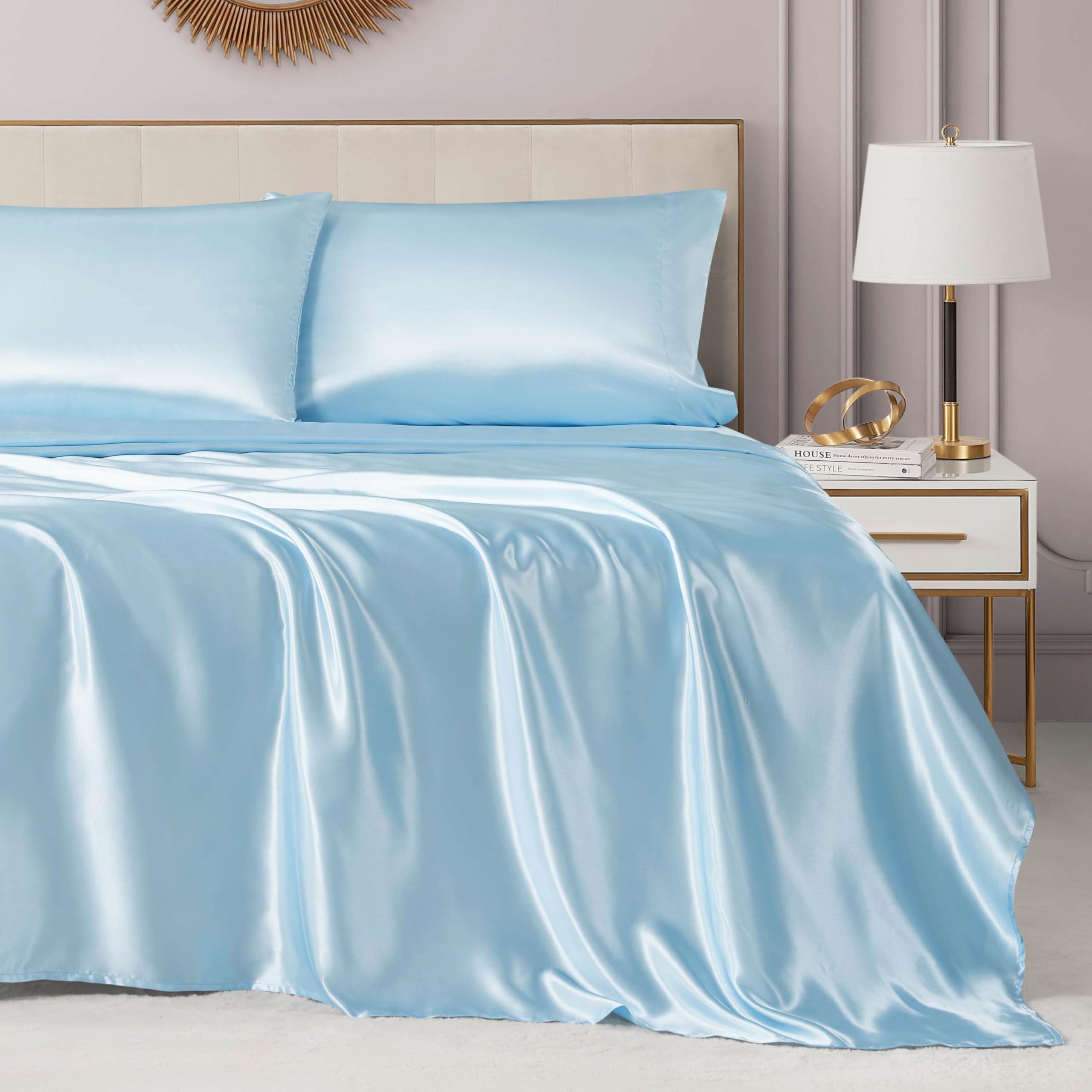 Juicy Couture Queen Size Silky Satin Bed Sheet Set, Deep Pocket Queen Sheet Set with 1 Fitted Sheet, 1 Flat Sheet and 2 Pillowcases, Wrinkle Resistant &amp; Anti Pilling Bed Sheets - Light Blue