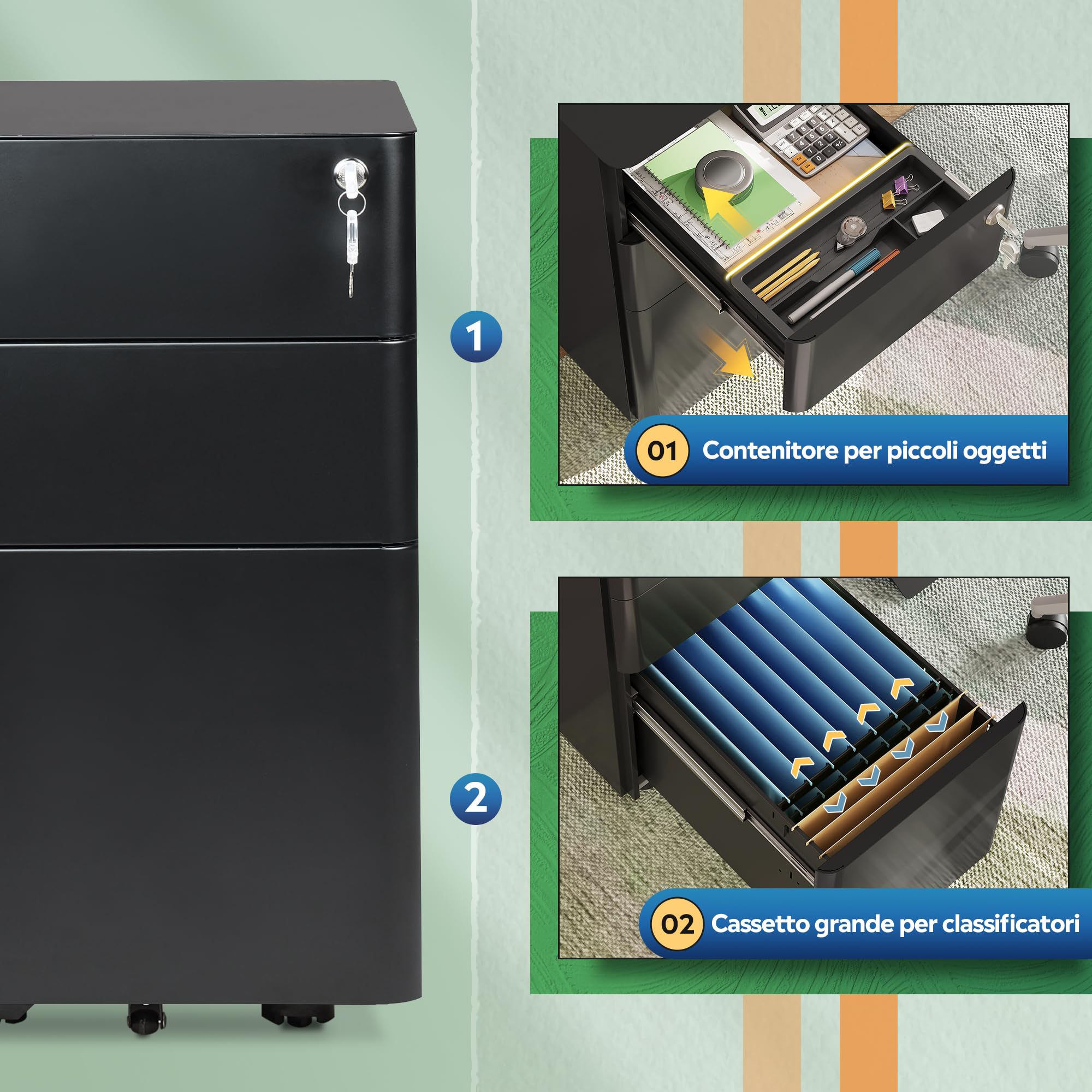 DEVAISE Carrello Portadocumenti con 3 Cassetti Bloccabili, Mobile Ufficio Multifunzione, Scaffale Stampante e Cassettiera con Ruote,Nero