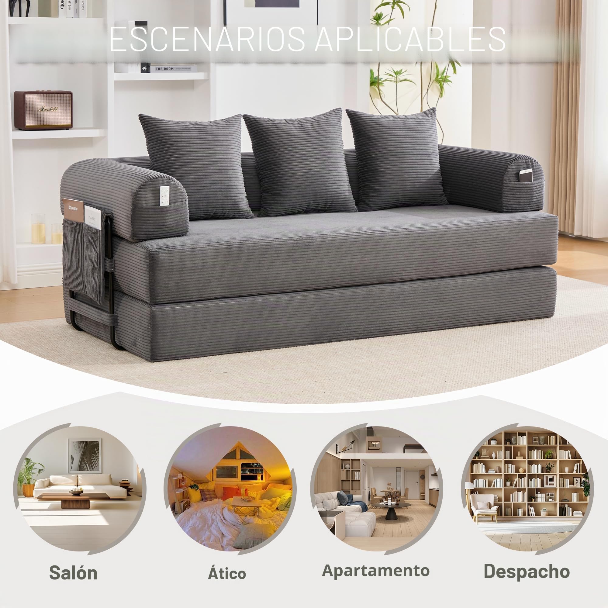 Sofá Modular sin Boneless, Sofá Cama Plegable con Marco de Metal Resistente, Bolsillos Laterales + 3 Almohadas, 200 × 94 × 67 cm, Gris Oscuro