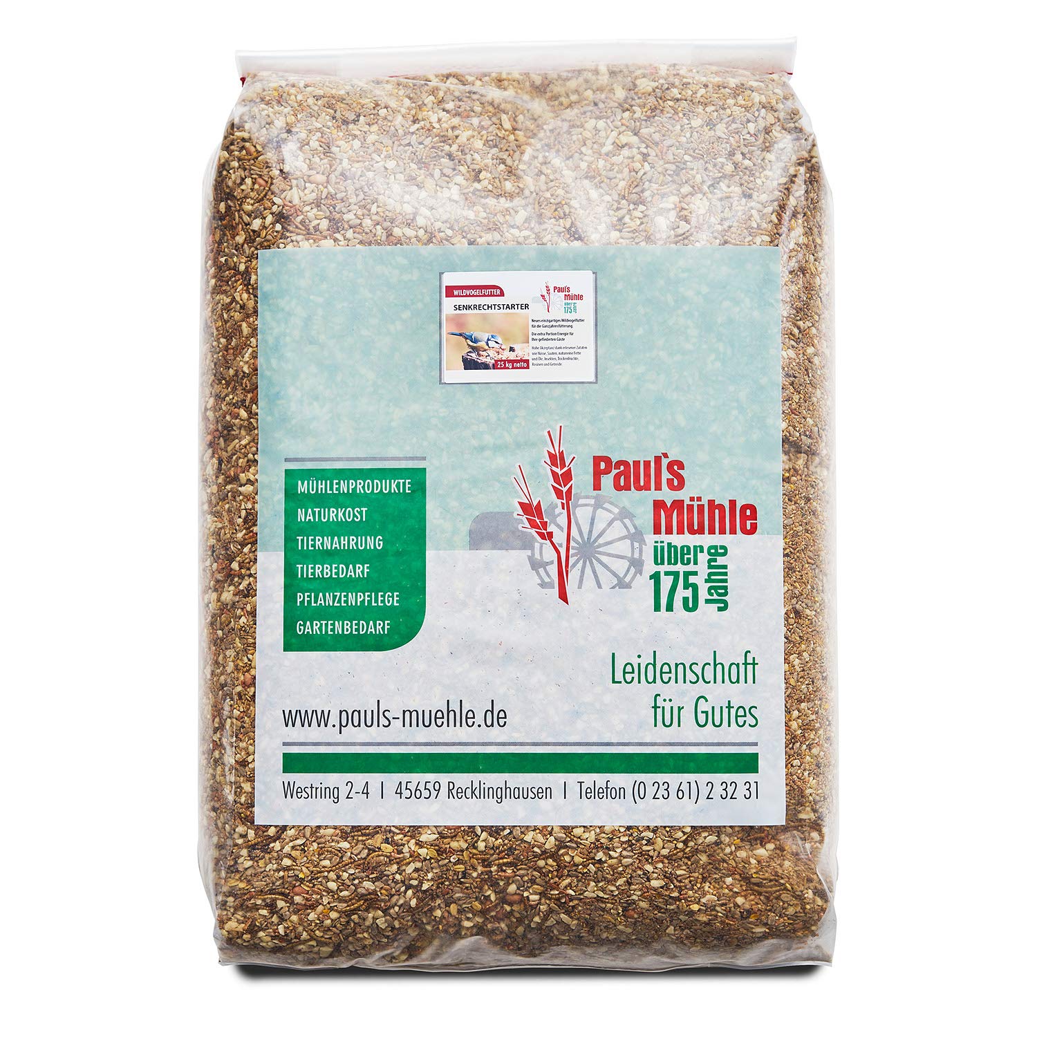 Paul´s Mühle Premium Ganzjahresfutter für Wildvögel mit extra hohem Fettanteil, Vogelfutter zur Ganzjahresfütterung, Senkrechtstarter, 25 kg