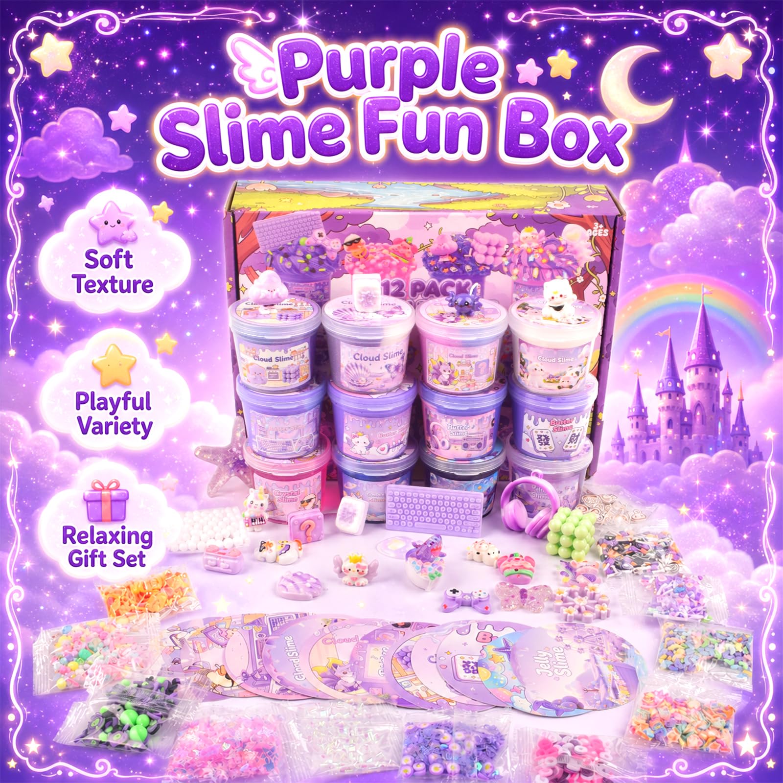 Kit di slime viola a forma di nuvola, 12 pezzi, morbido giocattolo sensoriale | per bambini dagli 8 ai 12 anni, bomboniere per feste di compleanno, riempitivi per sacchetti per ragazze e ragazzi