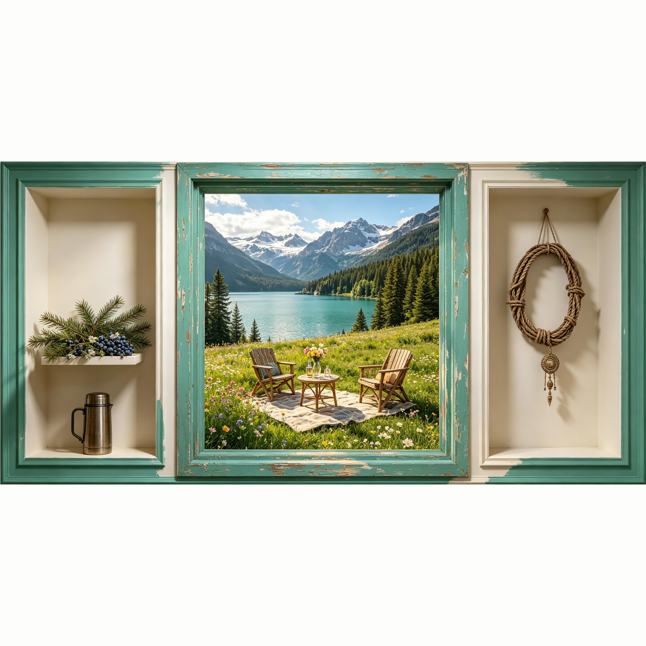 QZLITHOTIC 50x100cm 3D Framed Wall Art， Mountain Lake Landscape Floral Meadow View Self‑Adhesive Mural， Water‑Activated Peel & Stick Fabric Decor Wall Decal for Bedroom Living Room