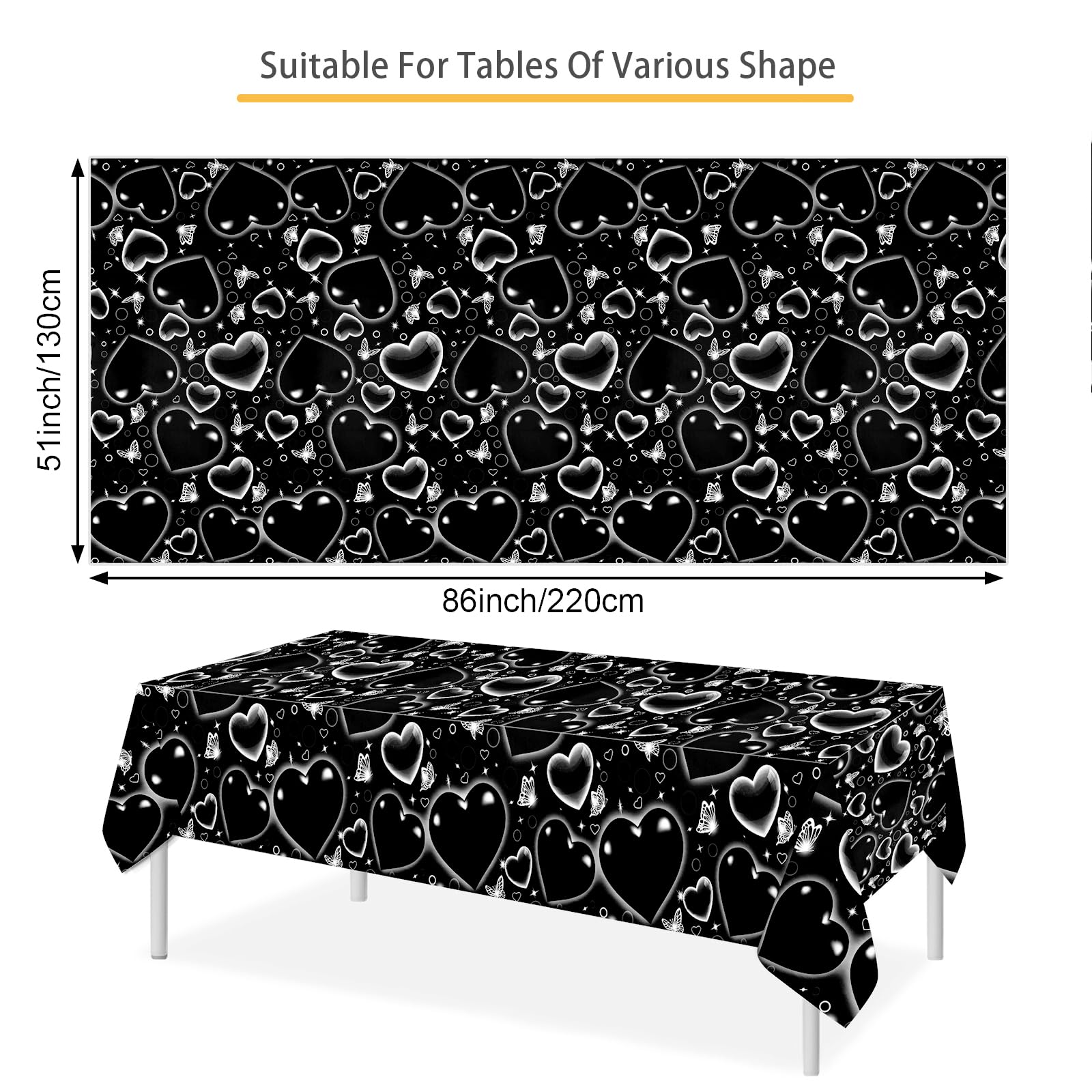 PHOGARY Black Heart Early 2000s Table Cloth, Plastic Tablecloths Valentine's Day Birthday Party Table Cover for Kids, Old School Tablecovers Rectangle Cholo Party Decorations, 3 Pack 51