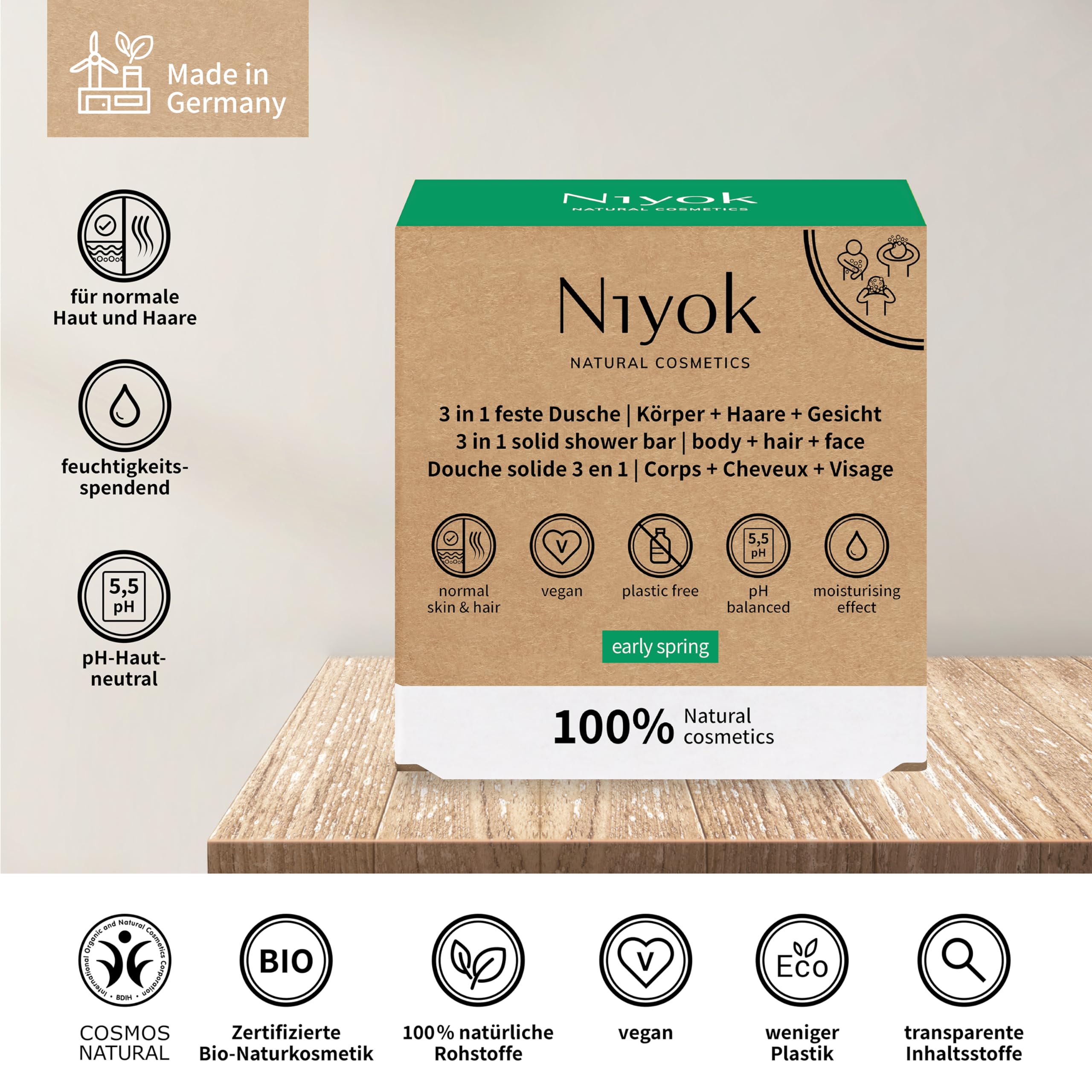 Niyok® 3 in 1 Solid Shower Gel Shampoo Facial Cleansing Vegan Organic Plastic-Free Normal to Fine Hair Like Soap Only Skin-Neutral pH 5.5 Natural Cosmetics Early Spring (80 g) - Image 3