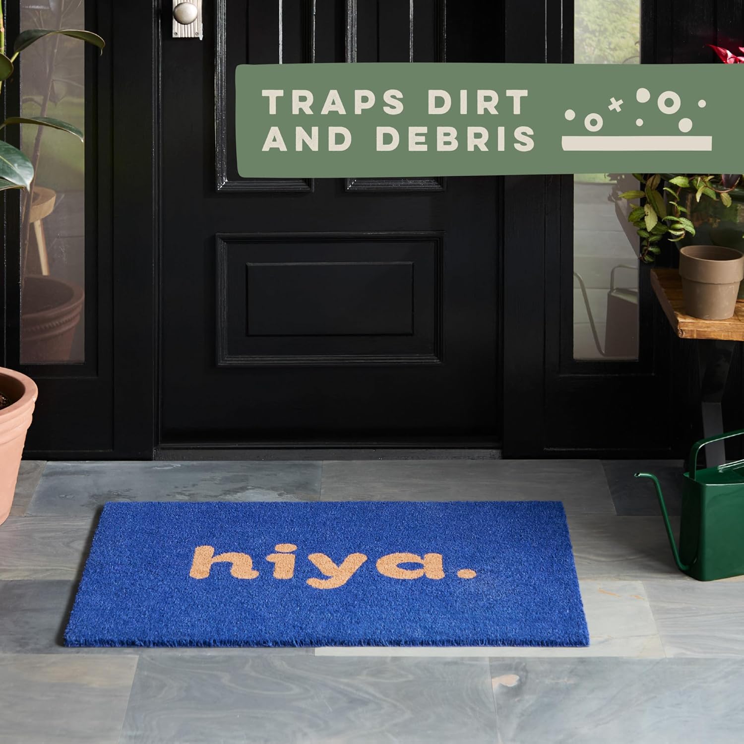 TOWN & COUNTRY TERRA Hiya Painted Welcome Door Mat, Natural Coir, Heavyweight, Non-Slip Entryway Mat, Blue, 24"x36"
