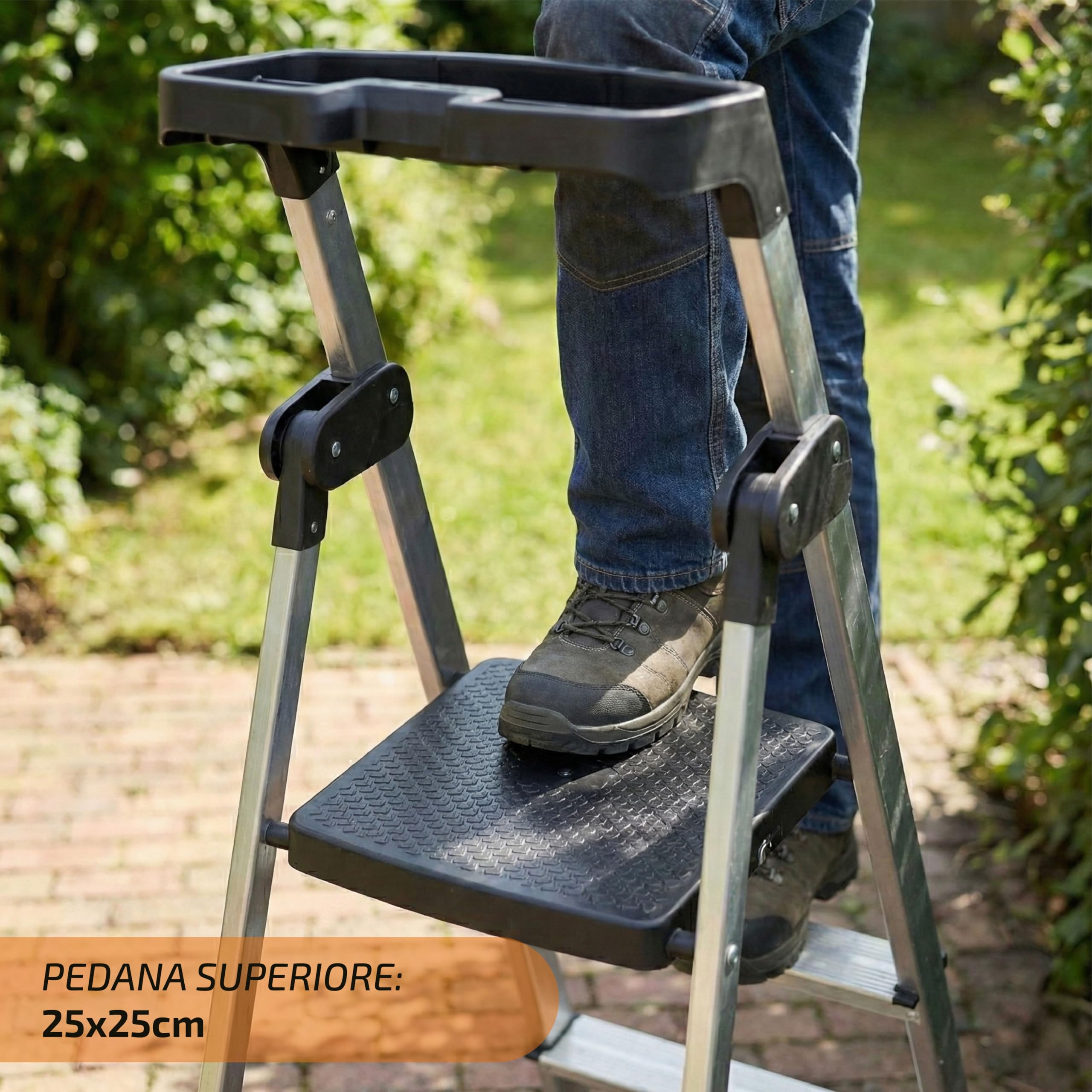Scala Pieghevole in Alluminio a 5 Gradini con con Vassoio Portautensili Integrato || EN 131 || Portata 150kg || Struttura Robusta e Leggera per Casa, Ufficio e Fai da Te