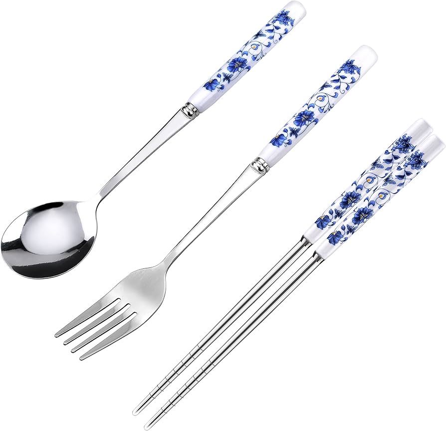 Amazon | 青花陶磁持ち手ステンレスカトラリー箸・フォーク・スプーン3