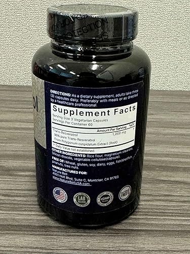Miniatura 4 de NatureBell Suplemento de resveratrol de 1000 mg por porción, 180 cápsulas vegetales, trans-resveratrol 99% puro, antioxidante para un envejecimiento