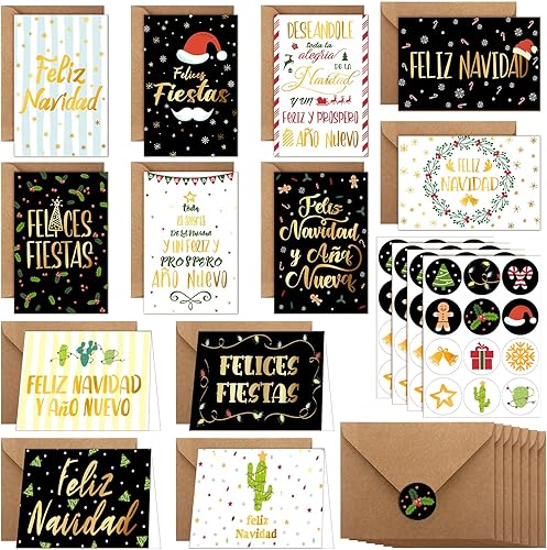 Zhanmai Paquete de 48 tarjetas españolas de Navidad con sobres, tarjetas de felicitación de Navidad hispanas, tarjetas de Navidad españolas con