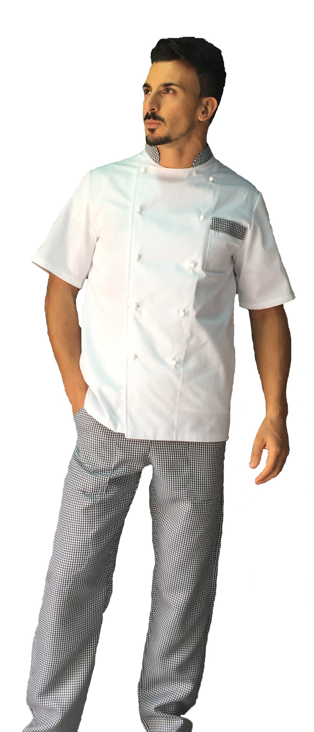 Bordado gratuito – Conjunto de cocina – Uniforme de cocinero Pied de Poule – Chaqueta de manga corta, pantalón y delantal – Fabricado en Italia