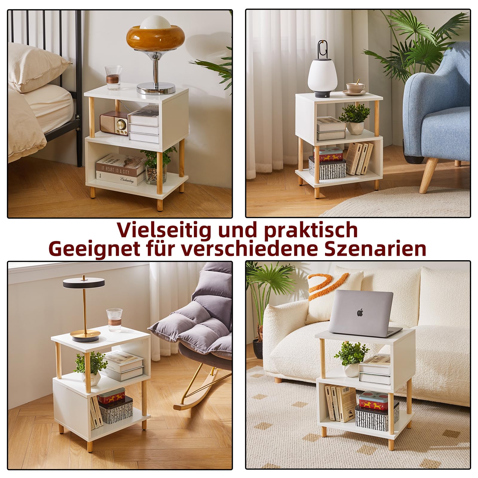 Aibiju Weißer Beistelltisch, Nachttisch， Kaffeetisch, Sofatisch mit 2 offenen Fächern für Schlafzimmer, Wohnzimmer, Weiße + holzfarbene Beine, YD-TM152W
