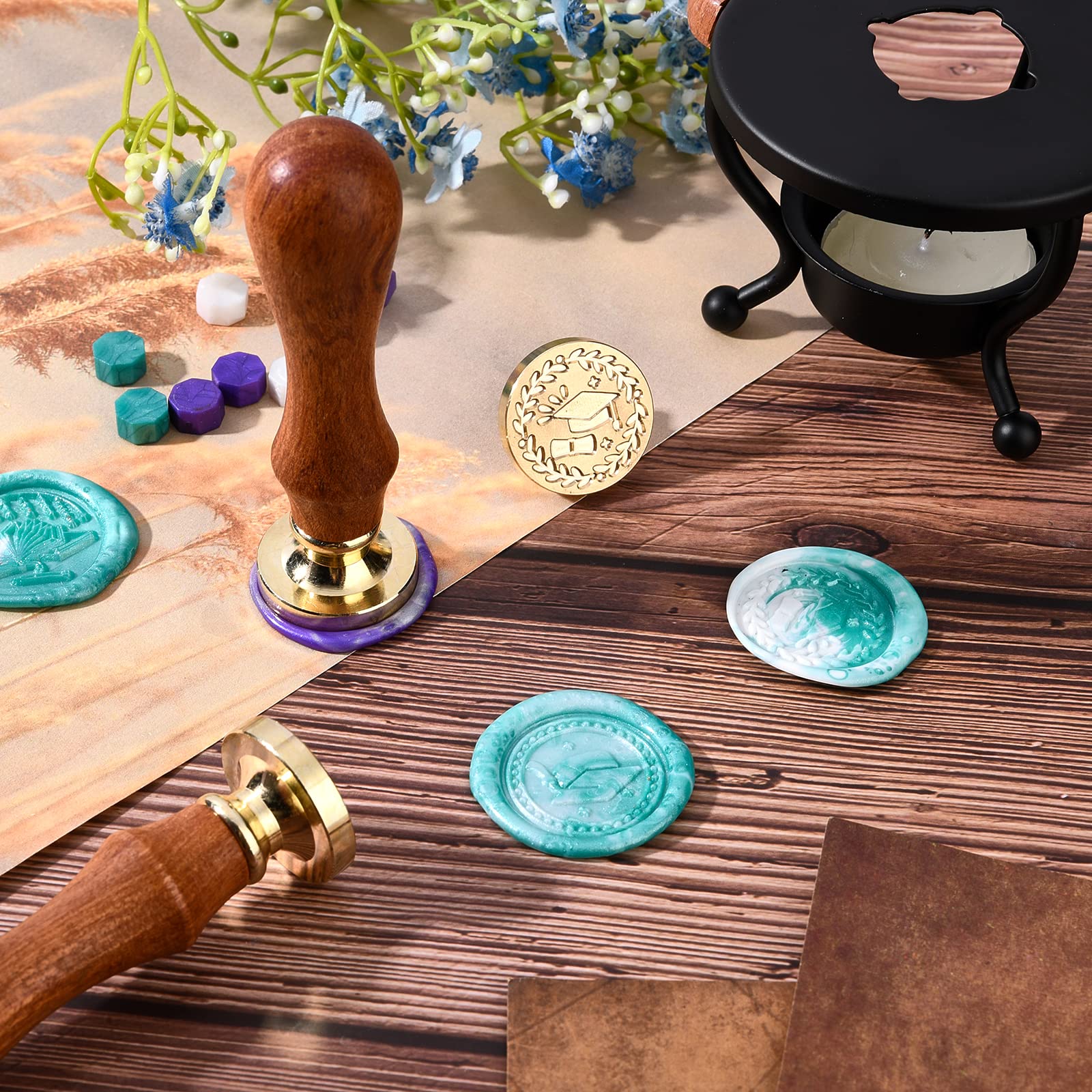 CRASPIRE Brass Wax Seal Stamp Kit - 6 Removable Stamp Heads With 2 Wooden Handles For Invitations, Letters & Gifts - View #5