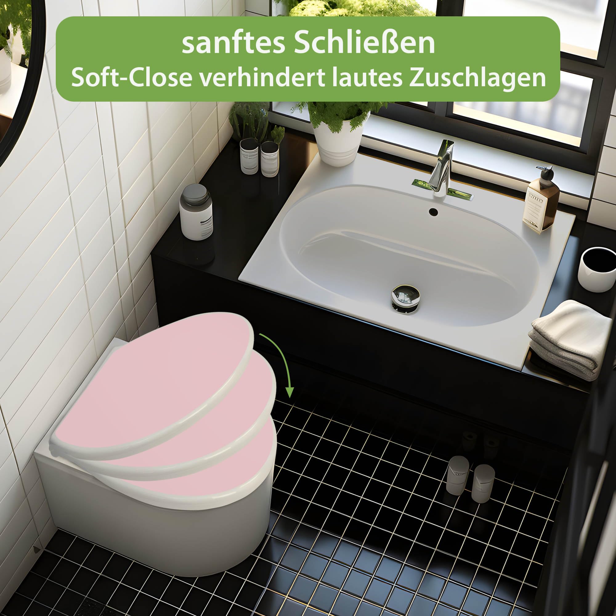 banjado Toilettendeckel mit Absenkautomatik 44,5x37cm - Soft Close Toilettensitz - WC Sitz mit Absenkautomatik - Klodeckel aus Duroplast mit Edelstahl Scharnieren, einfache Montage - Farbe Altrosa