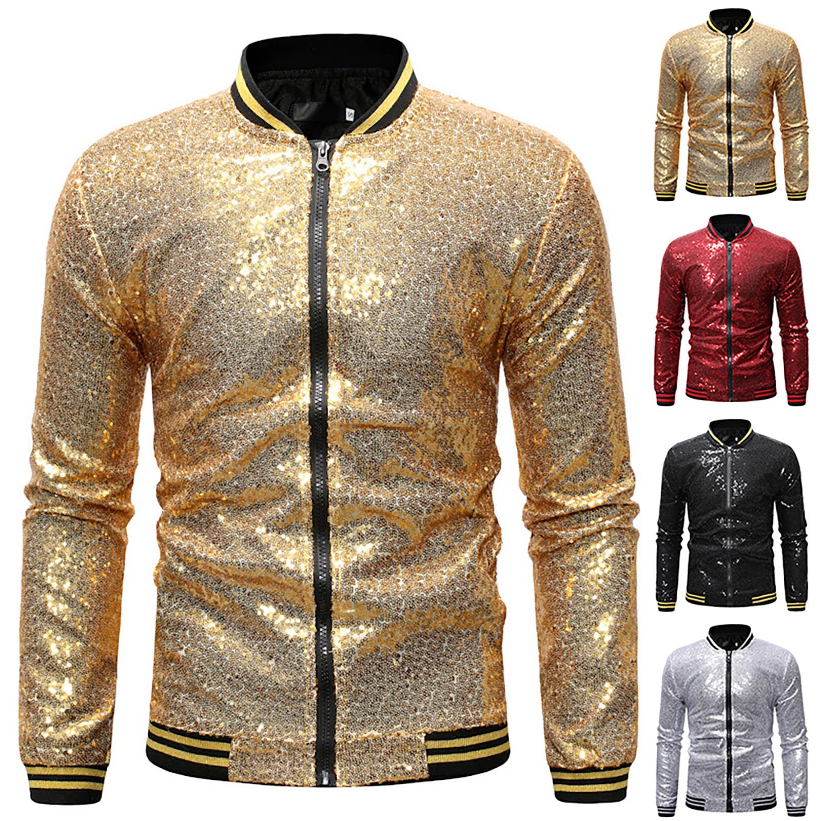 Générique Veste pour Homme À Paillettes Manches Longues Fermeture Éclair Ouverte Manteau De Costume Scintillant pour Fêtes Et Célébrations Blazer Pilote Métallique des Années 80 Disco