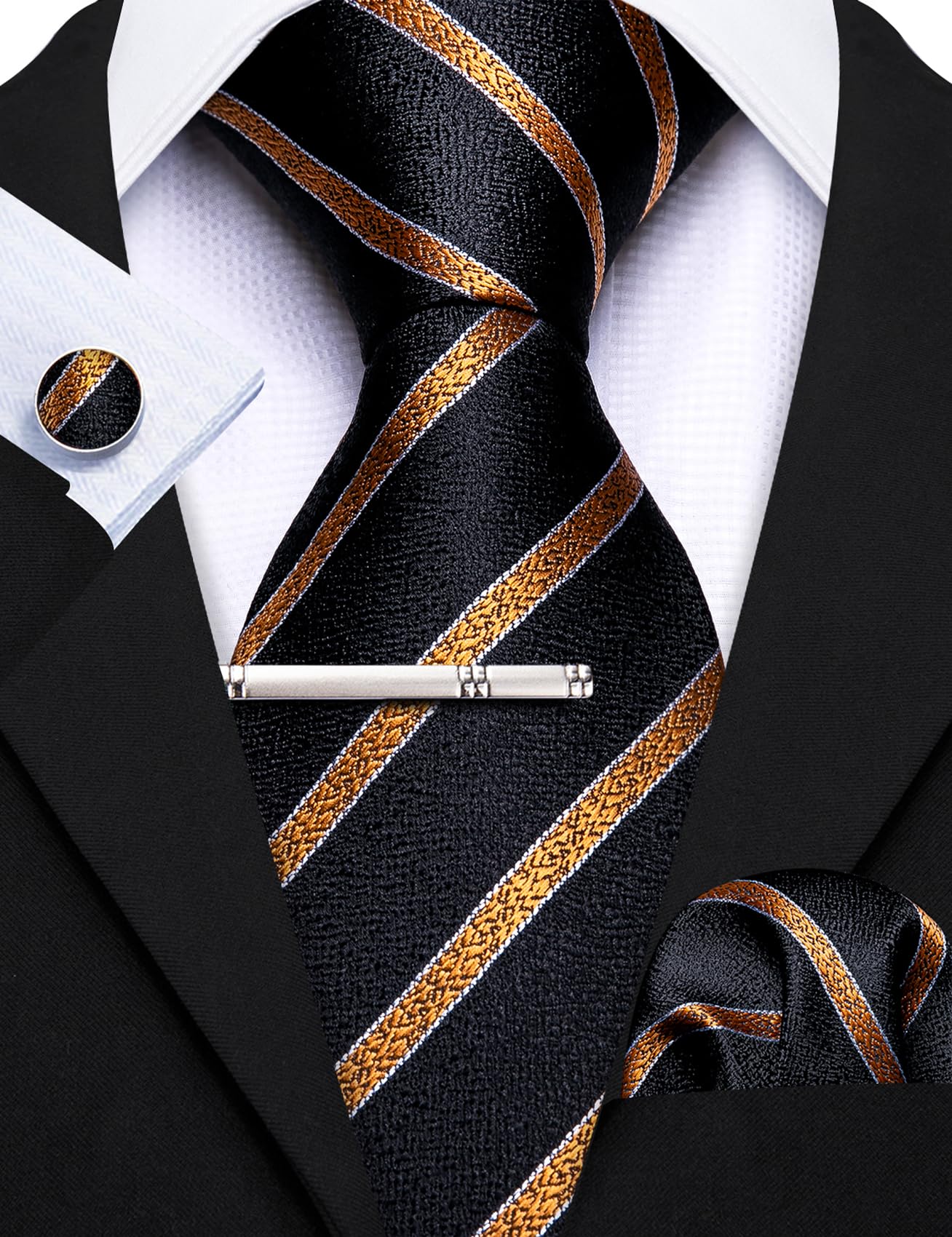Barry.Wang Men Tie Stripe Plaid Silk Ties Pocket Sqaure Cufflink Tie-Clip 4PCS Set Classic Business Wedding Necktie