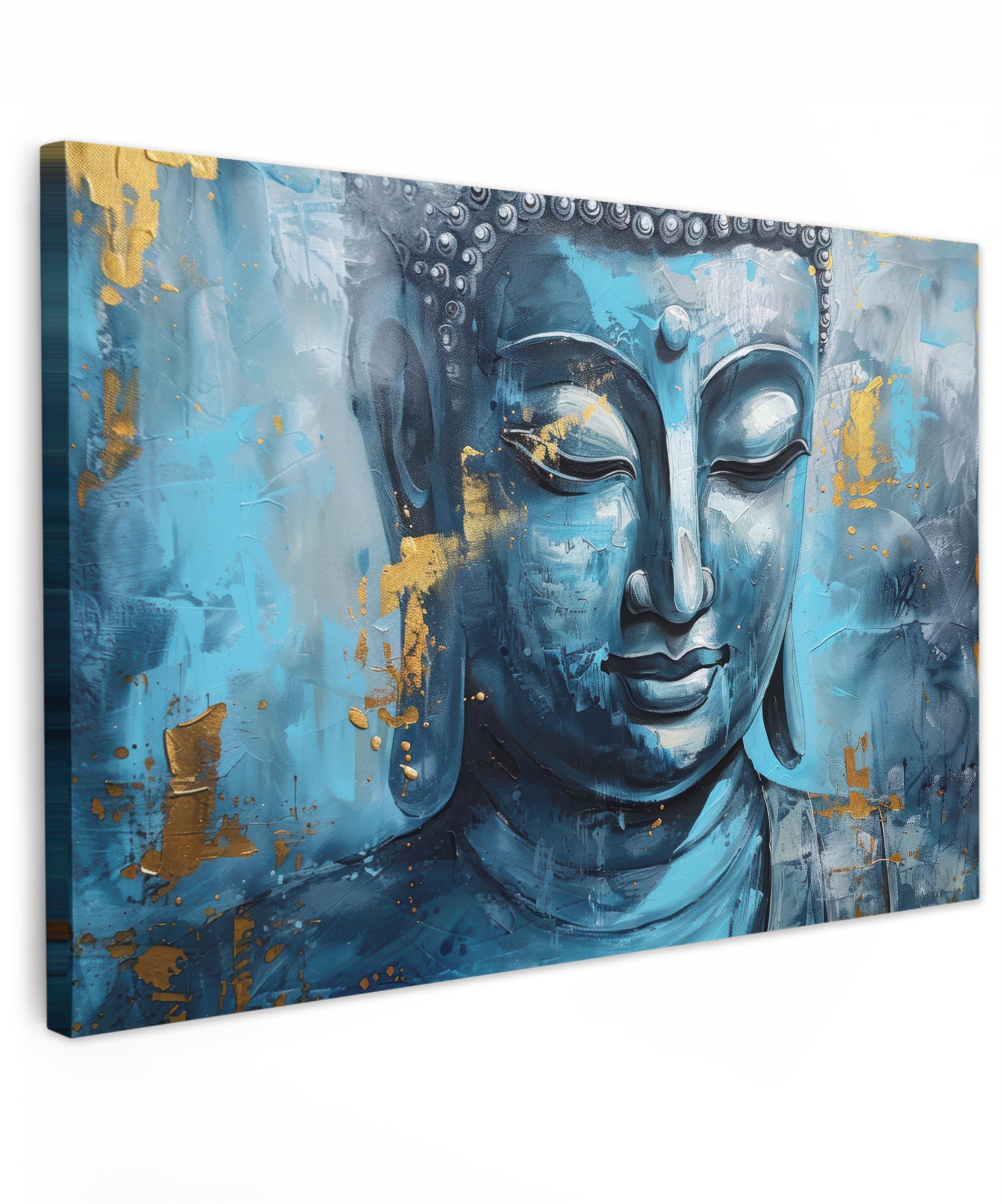MuchoWow© Leinwand Bilder 90x60 cm Wanddeko Wohnzimmer Aesthetic Room Decor Deko Zimmer Wandbilder Modern Bild auf Leinwand Buddha - Zen - Blau - Gold - Luxus - Kunst