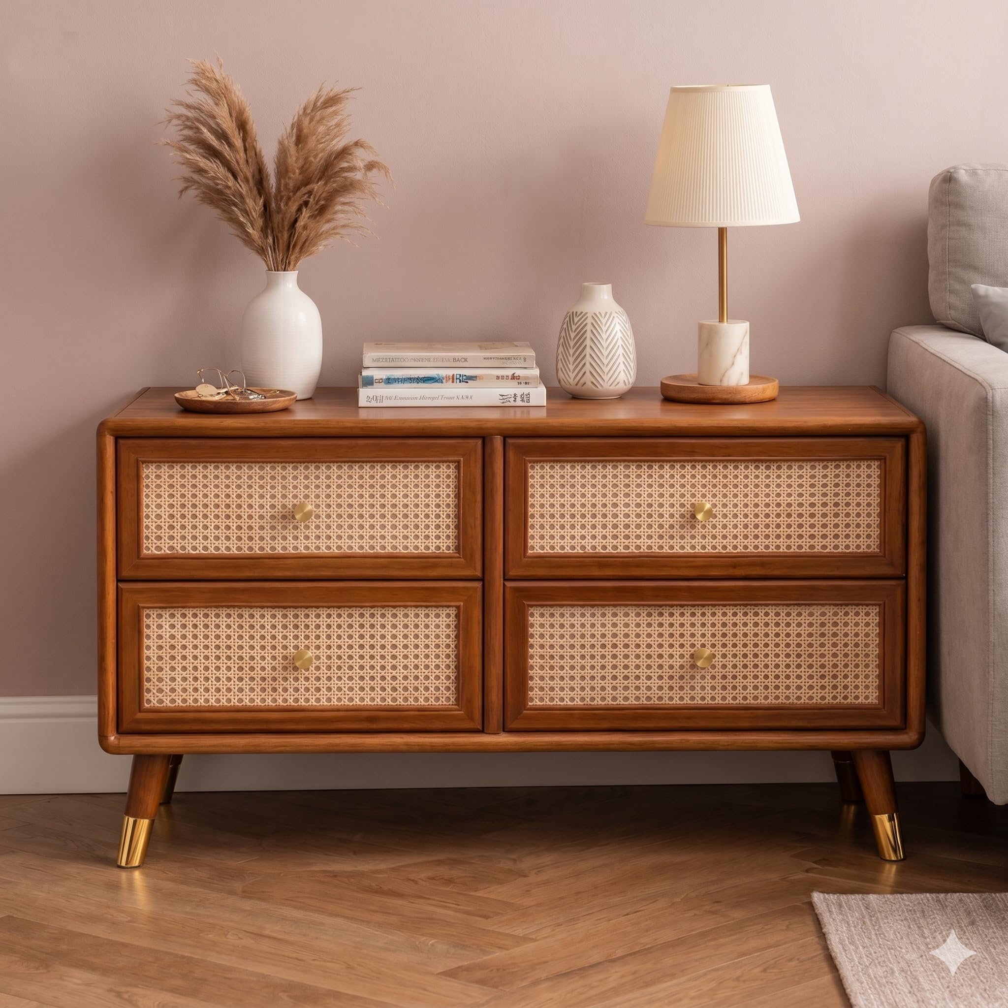 Solid Sheesham Wood Sideboard Cabinet with 4 Drawer - Chest of Drawers Wooden Drawer Storage Cabinet for Bedroom Living Room Storage Furniture Decor (B-Hony)-image-21