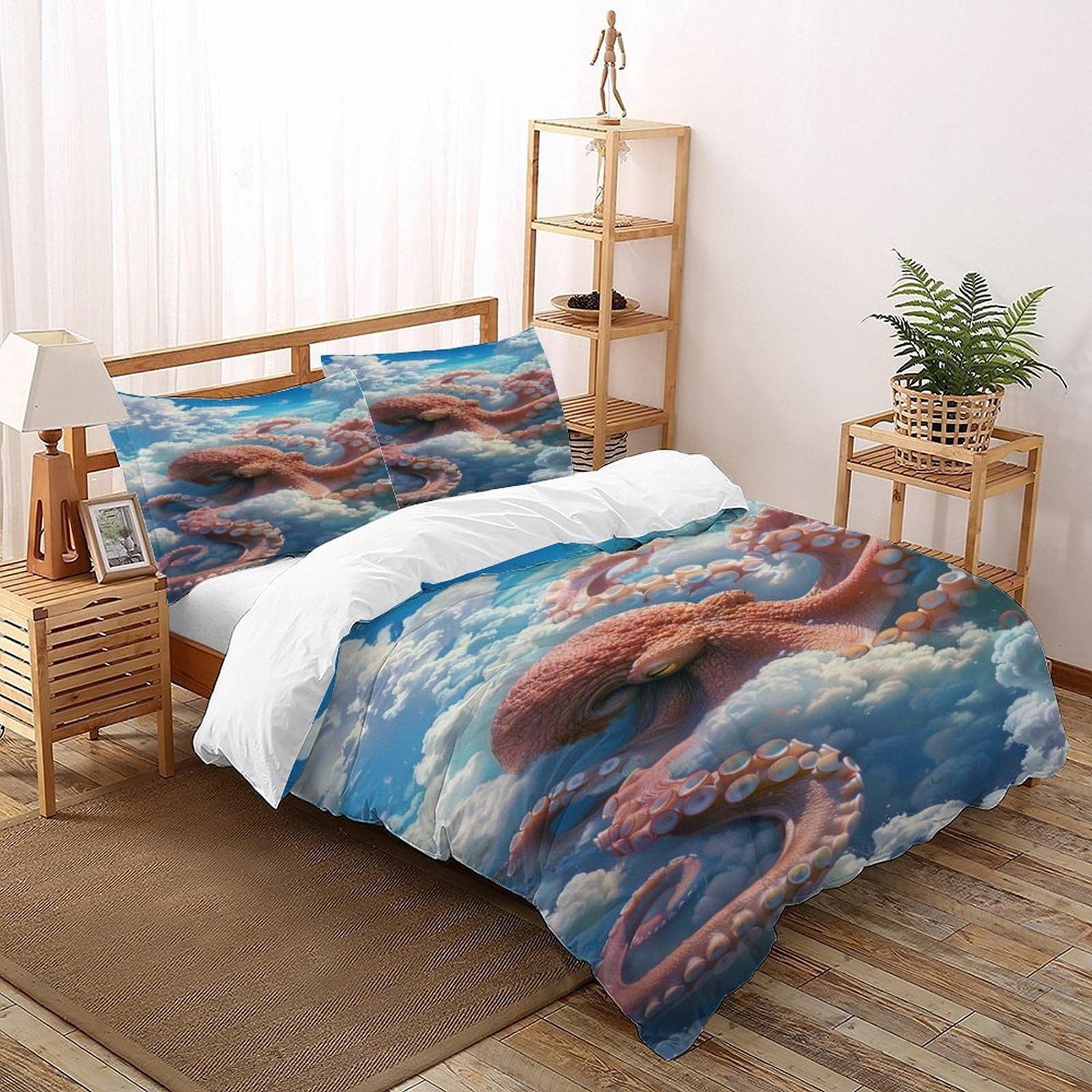 Octopus Clouds Bedding Set 3D Digital Printing Animal Theme Wildlife Marine Animal Duvet Cover Set 3 Pieces Microfiber Comforter Cover for Boys & Girls with Pillowcase Super King（260x220cm）