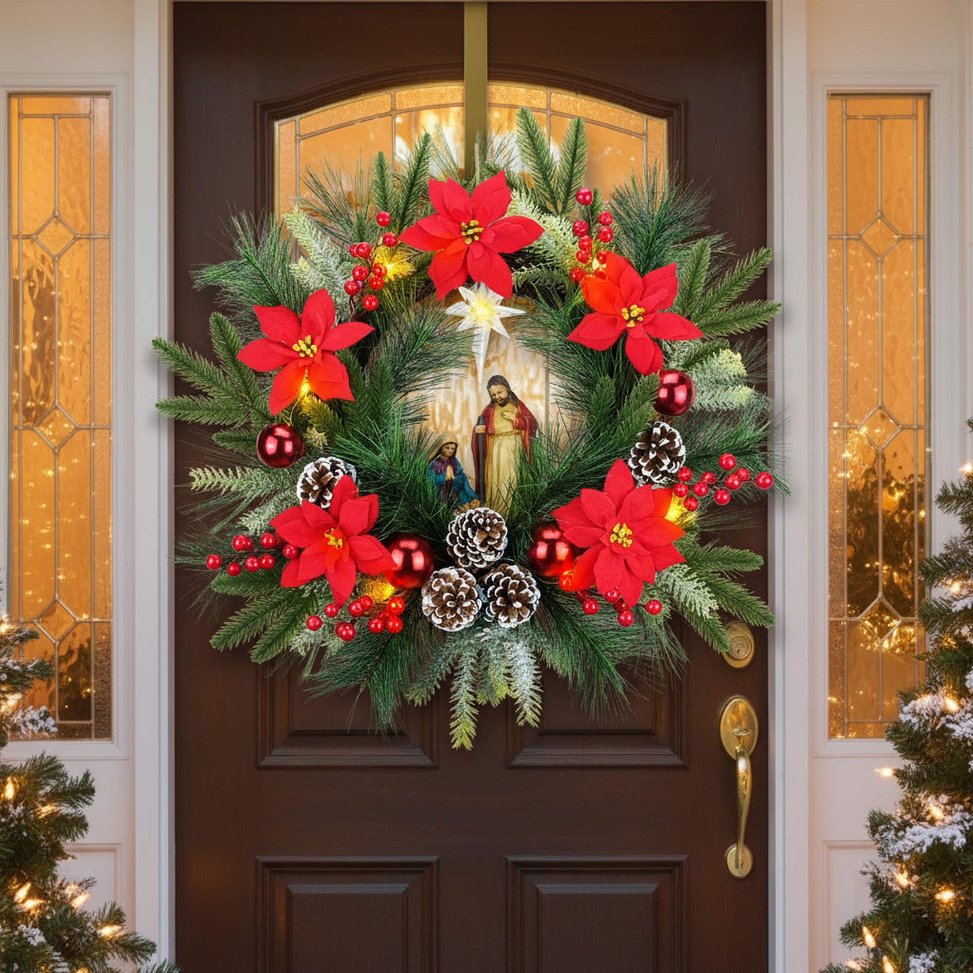 YULETIME 50,8 cm großer Weihnachtskranz mit Beleuchtung, batteriebetrieben mit 10 Lichterketten, Weihnachtskranz (Nativity Poinsettia) | Krippenstatue der Heiligen Familie, Stern von Bethlehem, Tannenzapfen, roter Weihnachtsstern und Beeren, Tannennadeln