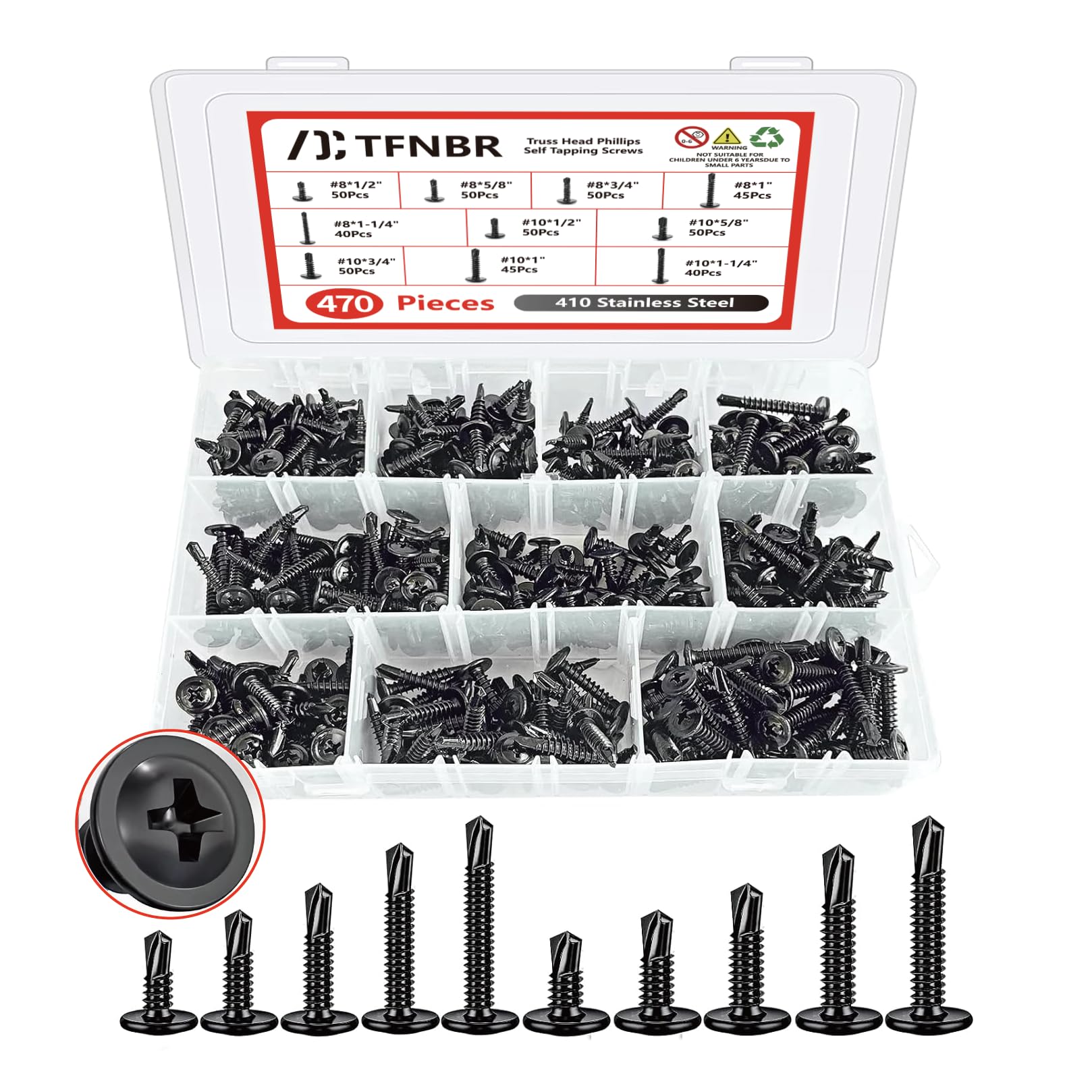 470 Pcs Self Tapping Screws for Metal,410 Stainless Steel Self Tapping, Length 1/2" to 1-1/4'', #8#10 Phillips Wafer & Hex Washer Screws for Metals,