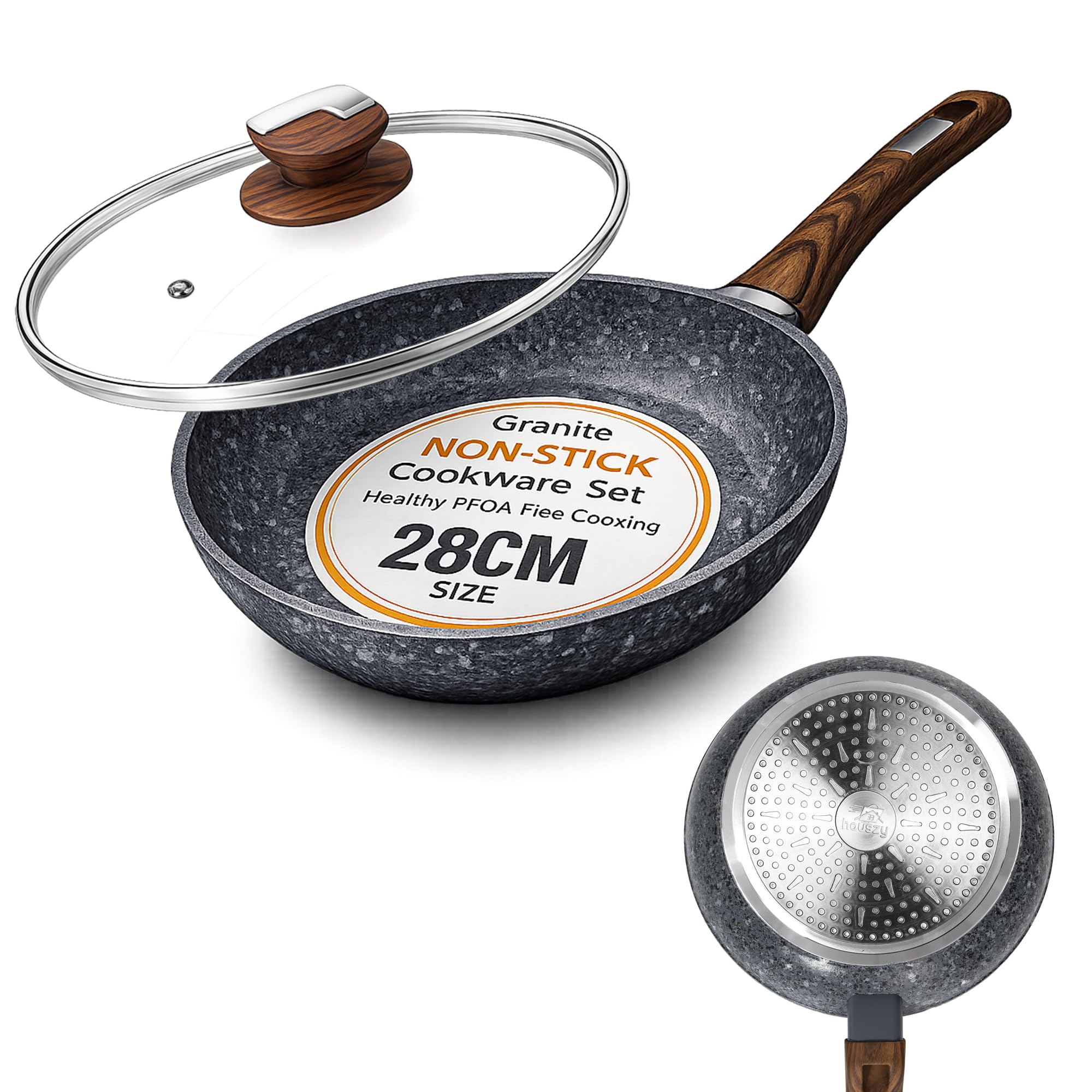 HOUSZY Non-Stick Frying Pan with Lid –28 cm- Non-Stick Granite Coating, Scratch-Resistant Skillet for Induction Hobs, Heat-Resistant Handle, Glass Lid Included — image 1