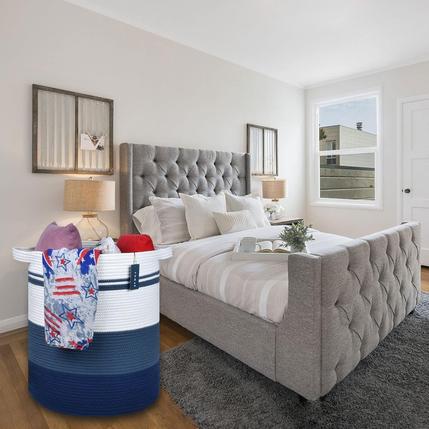 COMSE 2 Pack Tall Laundry Baskets, Tall Blanket Baskets, Laundry Hampers, Cotton Rope Baskets, Toy Baskets, Clothes Baskets, 15.7" x 21.7", Gray and Blue