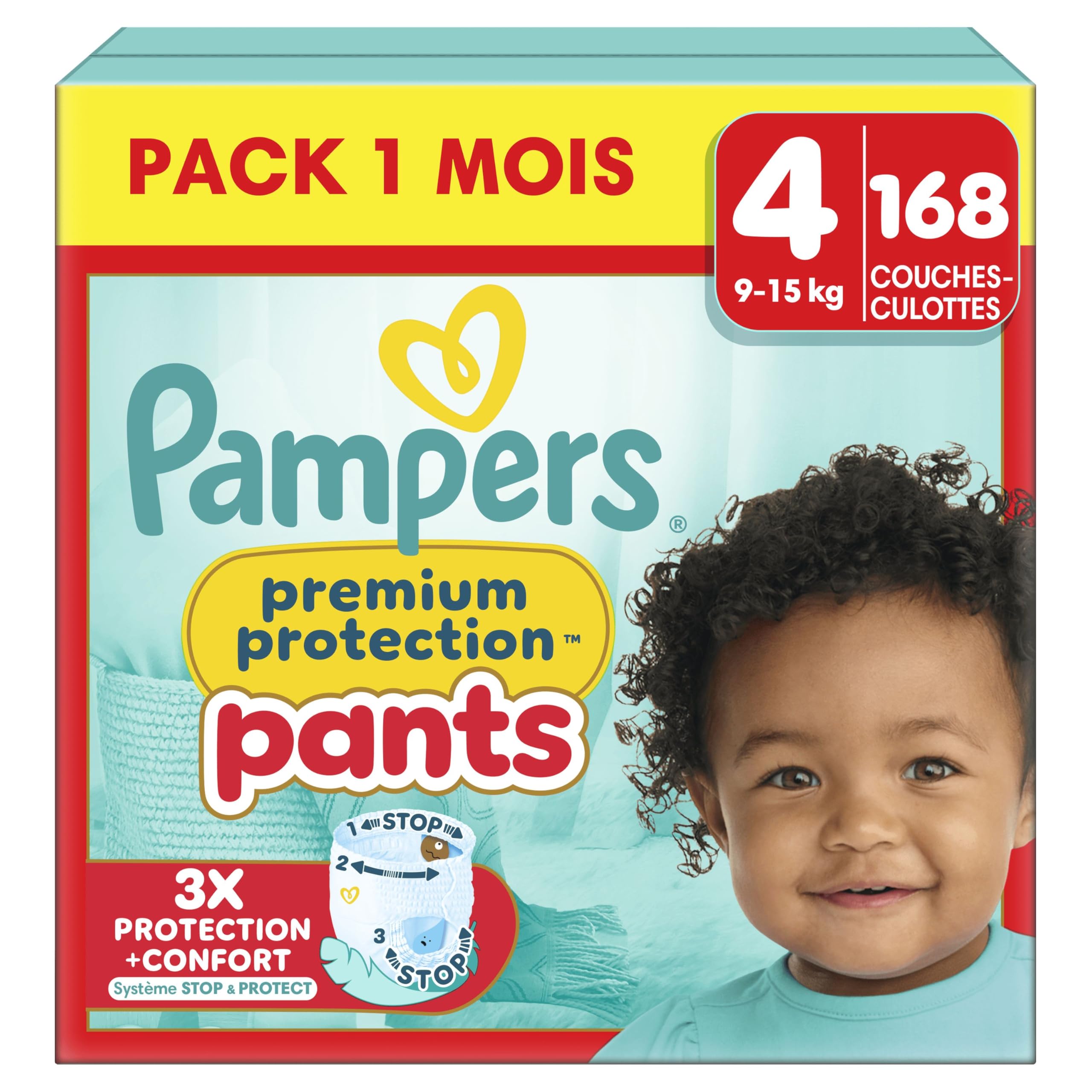 Pampers Premium Protection Pants, Taille 4, 168 Couches-​Culottes, 9-​15kg, Notre Meilleur Confort & Protection, Maintien 360° Contre Les Fuites et Matières Ultra-​Douces, Pack 1 Mois