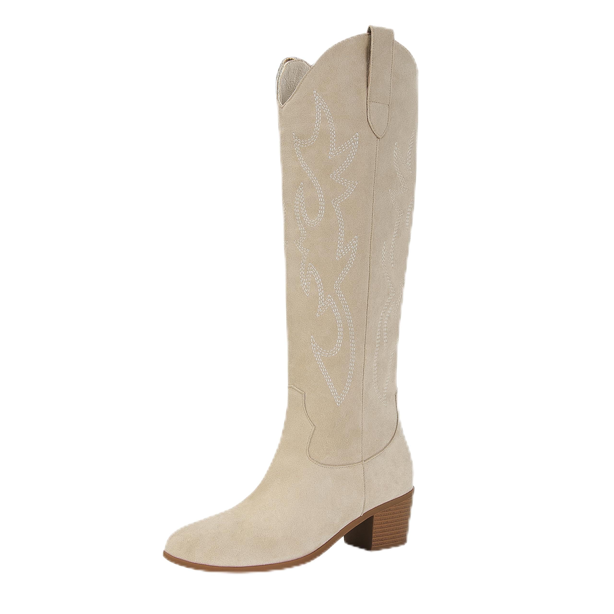 STALOV Cowboy Boots for Women Pull On Chunky Heel Boots Knee High Cowgirl Boots Western Pointed Toe Boots
