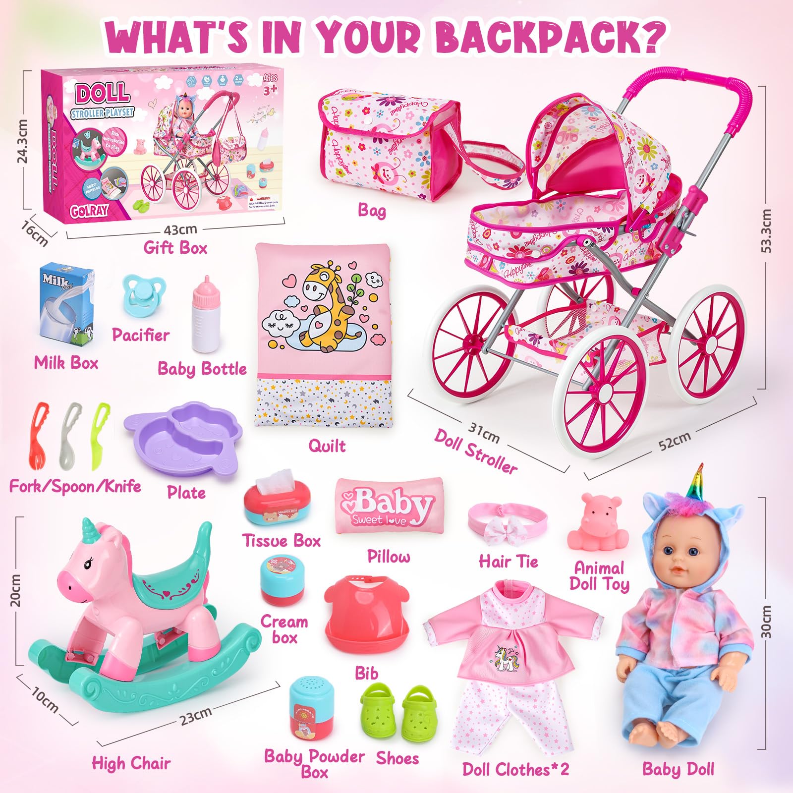 vamei Accesorios Muñecas Bebe para Niñas, Accesorios Bebe Juguete Juego de Rol, con Muñeca & Cochecito & Caballo Balancín & Bolso & Ropa de Muñeca, Cumpleaños Juguetes Regalo Niña Niños 2 3 4 5 6 Años