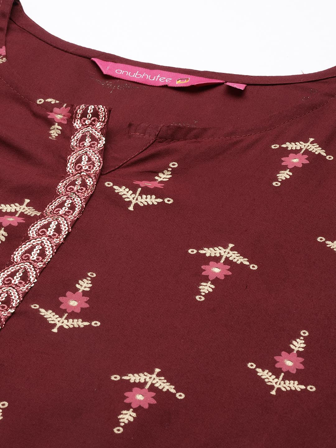Anubhutee Women's Rayon Maroon Sequinned Ethnic Motifs Printed Straight Kurti