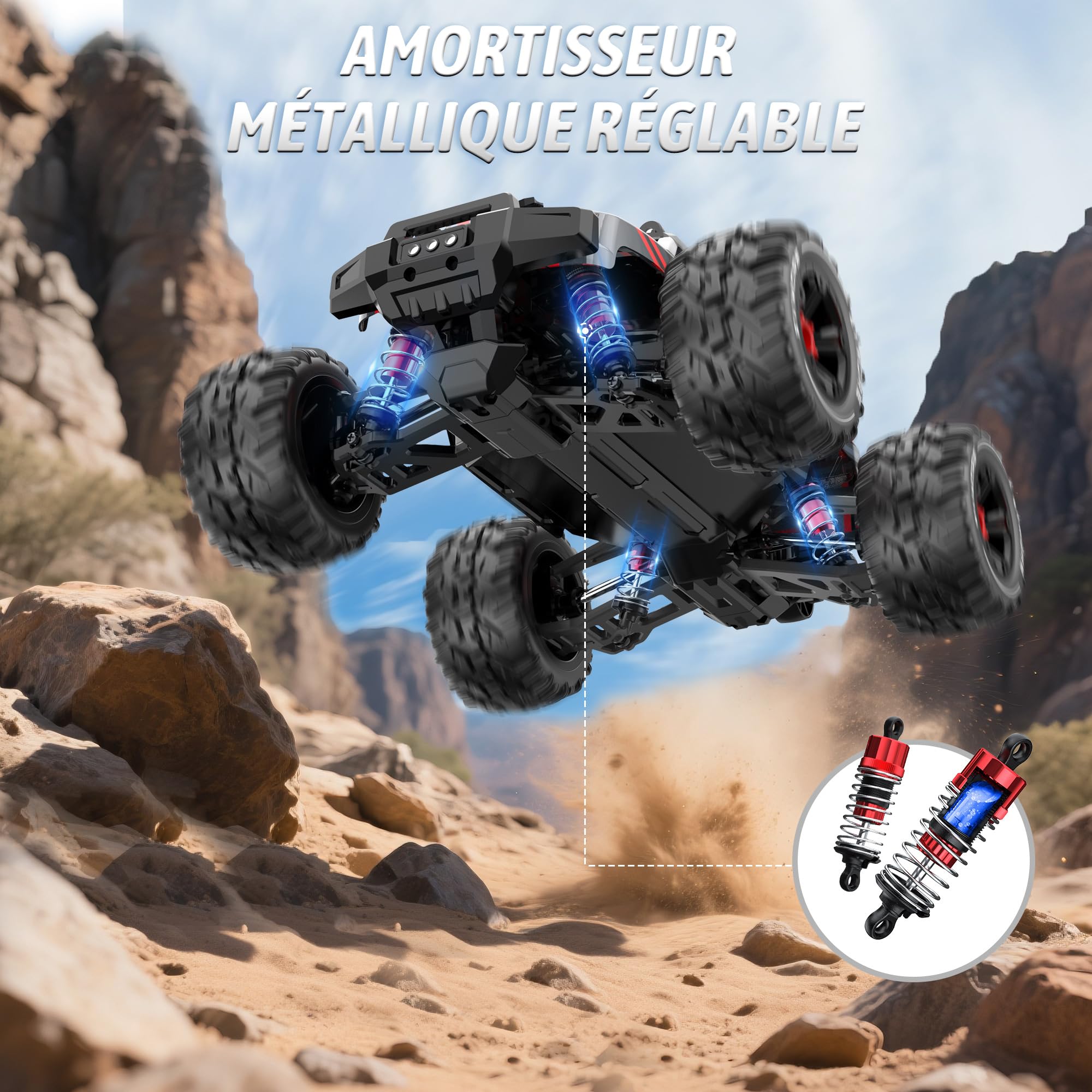Evmore Voiture Télécommandée 1:16 4WD, 2,4 GHz Voiture RC Haute Vitesse Moteur sans Balais 55 km/h, 4x4 Télécommandée Tout Terrain Étanche Véhicule Électrique RTR Jouets avec 2 Batteries pour 40mins