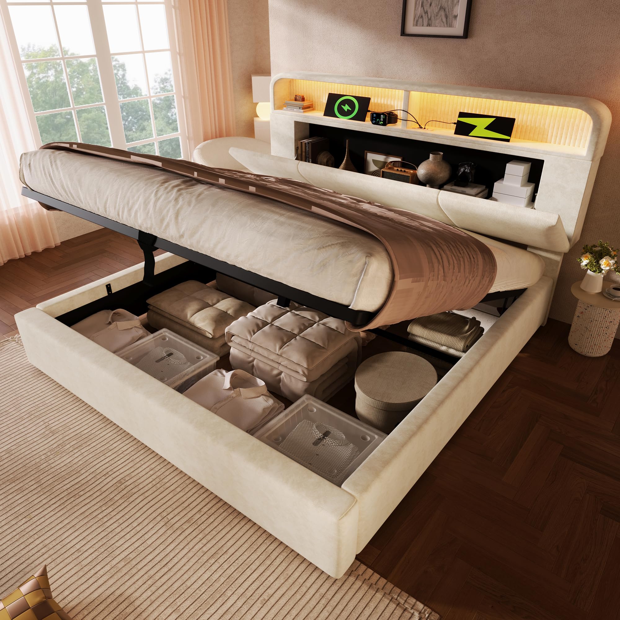 DEKKETO Doppelbett 180x200, Boxspringbett und Lattenrost mit Stauraum, kopfteil mit 3 USB und 1 Typ C-Port, Polsterbett mit LED-Beleuchtung, Samt Bett Beige, ohne Matratze