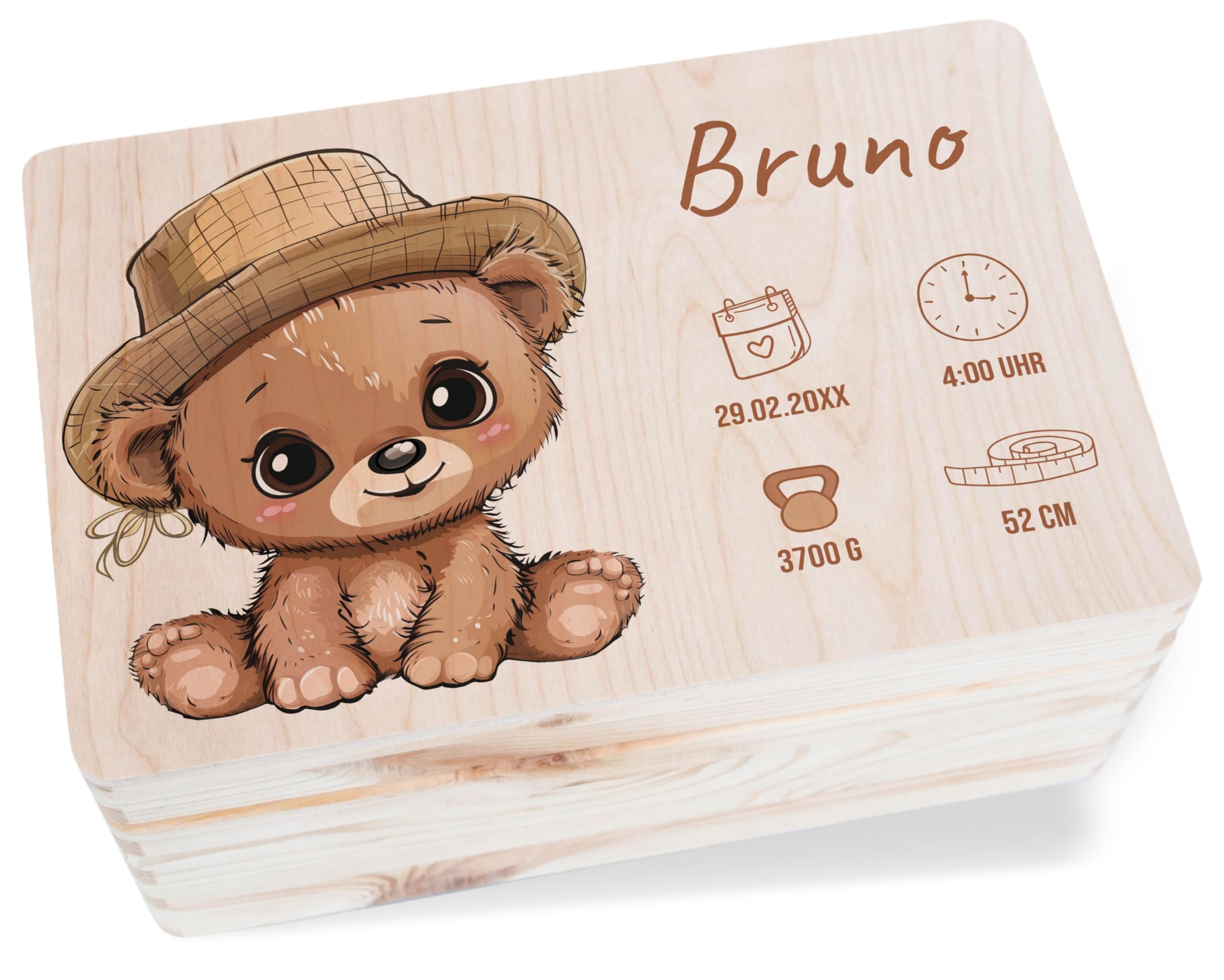 Holz Erinnerungsbox Baby Geschenkbox Holzkiste Baby - Erinnerungskiste Geburt mit Bär und Name | Geschenk Geburt Personalisiert | Personalisierte Babybox - 30 x 20 x 14 - Holz - geburtskiste