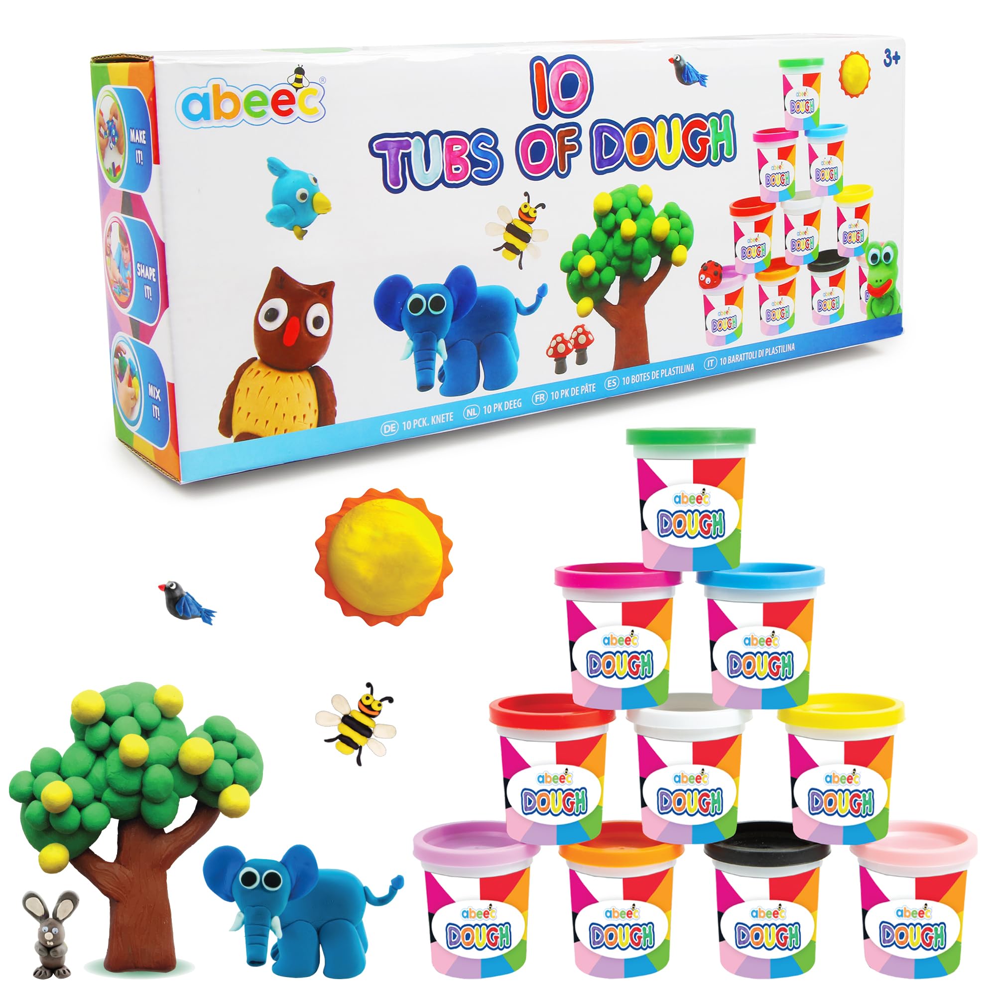 abeec 10-Tub Soft Dough for Toddlers | Rainbow Colour Modelling Dough Set | Colourful Sensory Clay for Kids Age 3+ | Non-Toxic Party Bag Filler Compound for Creative Play & Crafts
