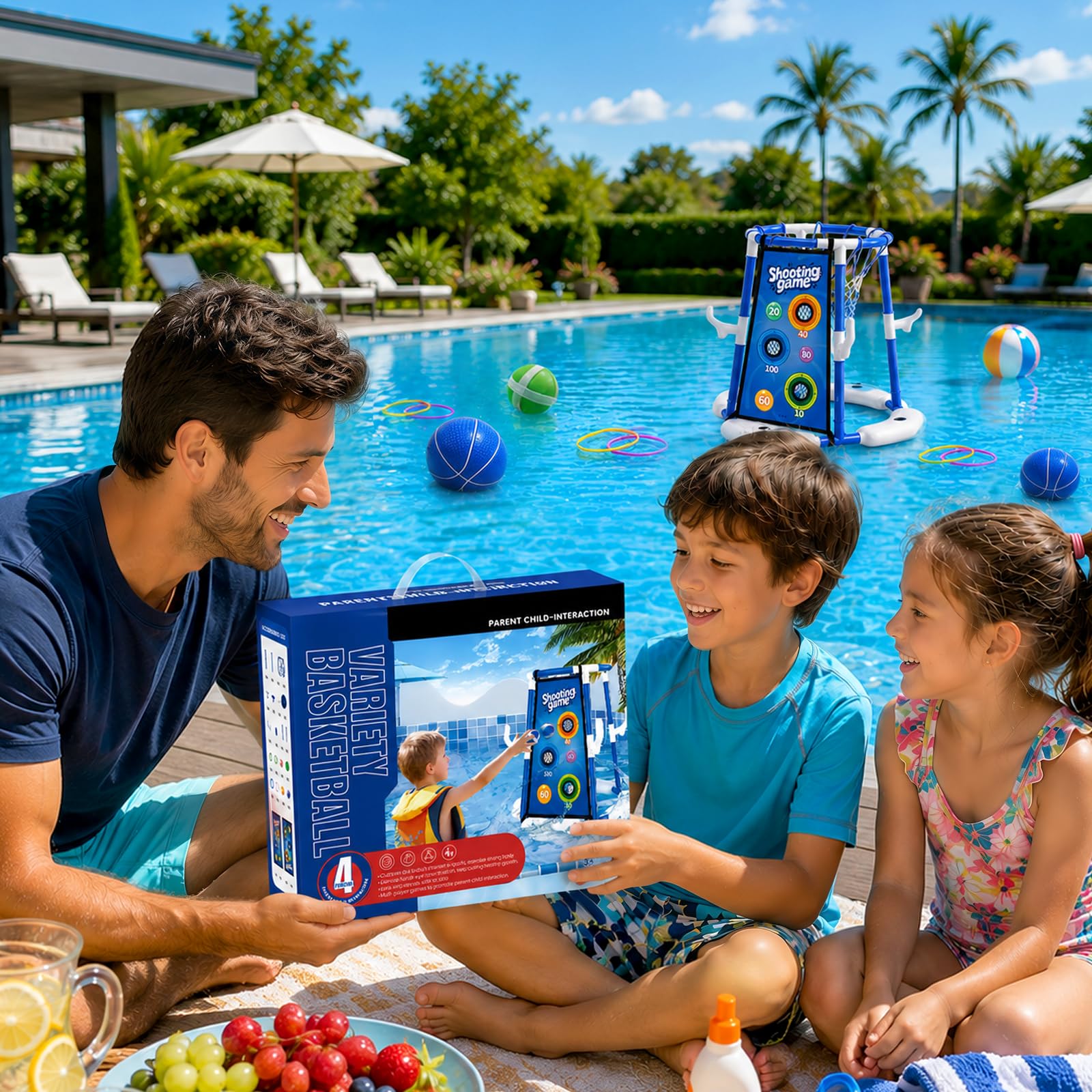 Ronronner 3-in-1 Pool Basketballkorb mit Sticky Ball Toss & Ring Toss, 12 Klebebällen, 4 Basketball, Wasserspielzeug für Kinder 4-8 & Erwachsene - Blau