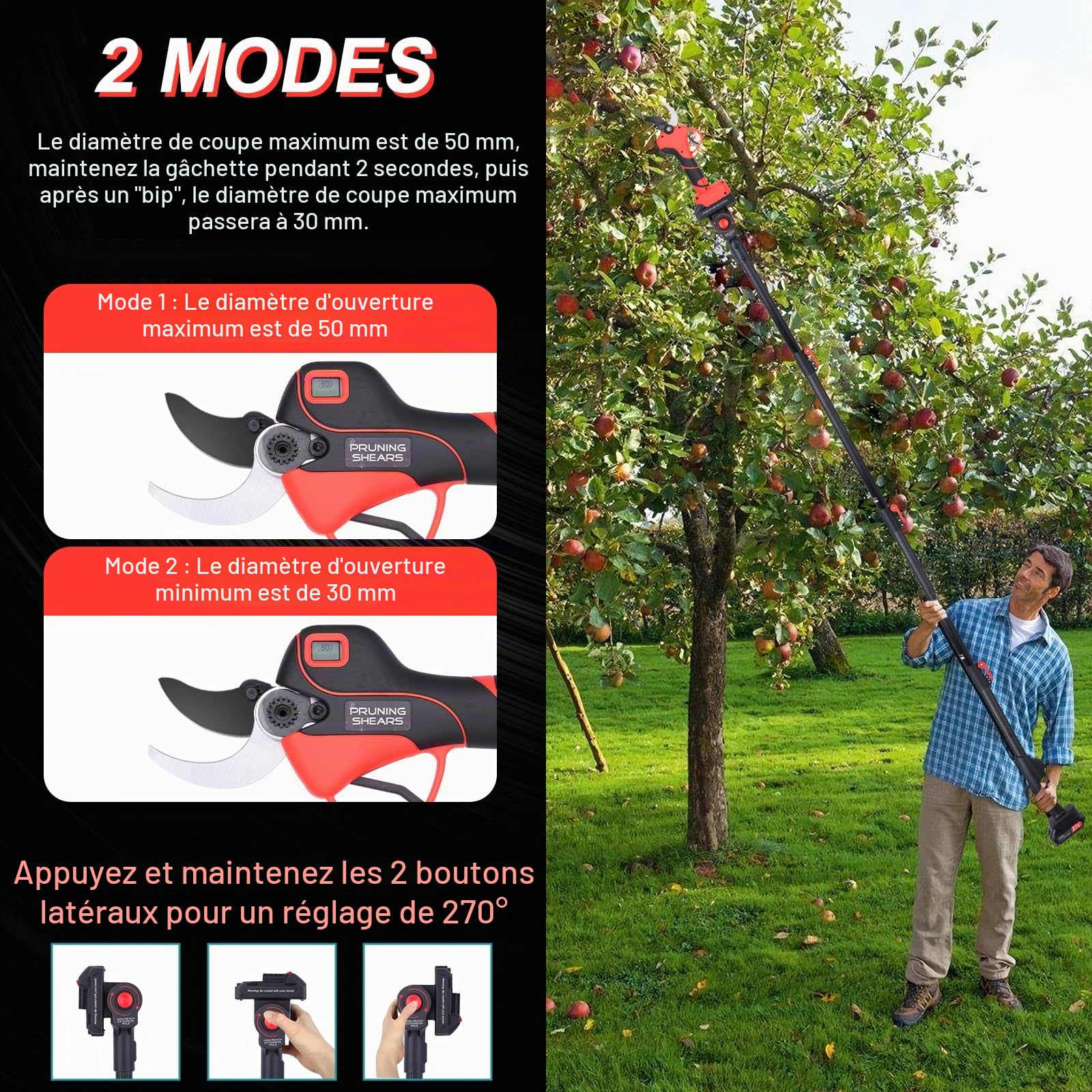 Sécateur Électrique Télescopique 50MM avec 2 Mètres Perche: Secateur Electrique Sans Fil avec 2 x 2.0Ah Batterie Élagueuse,Diamètre De Coupe 30/50 mm, Secateur de Jardin pour Hedge, Arbre, Fruits