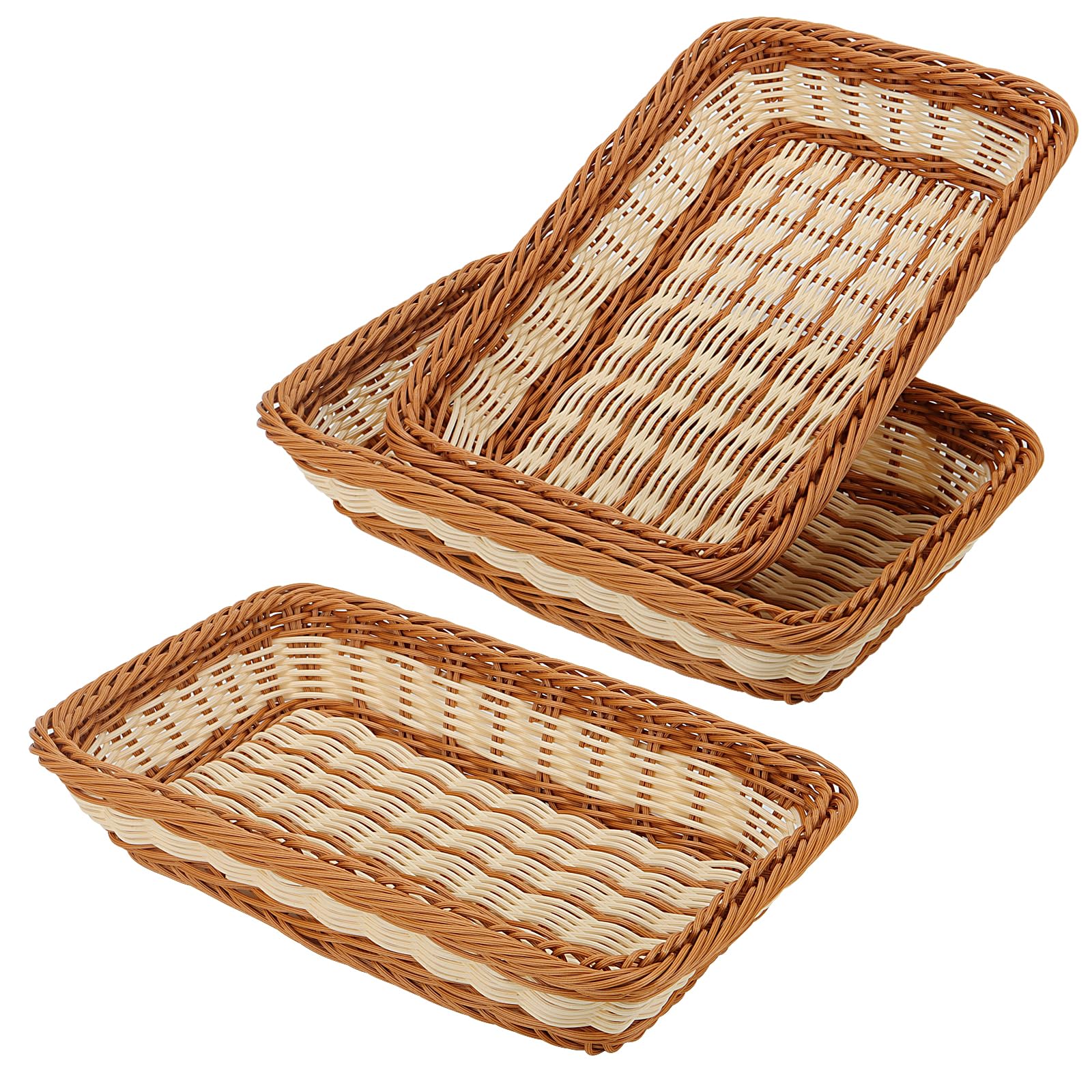 KEILEOHO 3 PCS 30 x 20 x 7cm Poly Wicker Woven Bread Basket, 12 Inch Small Rectangular Imitation Rattan Food Storage Basket for Serving