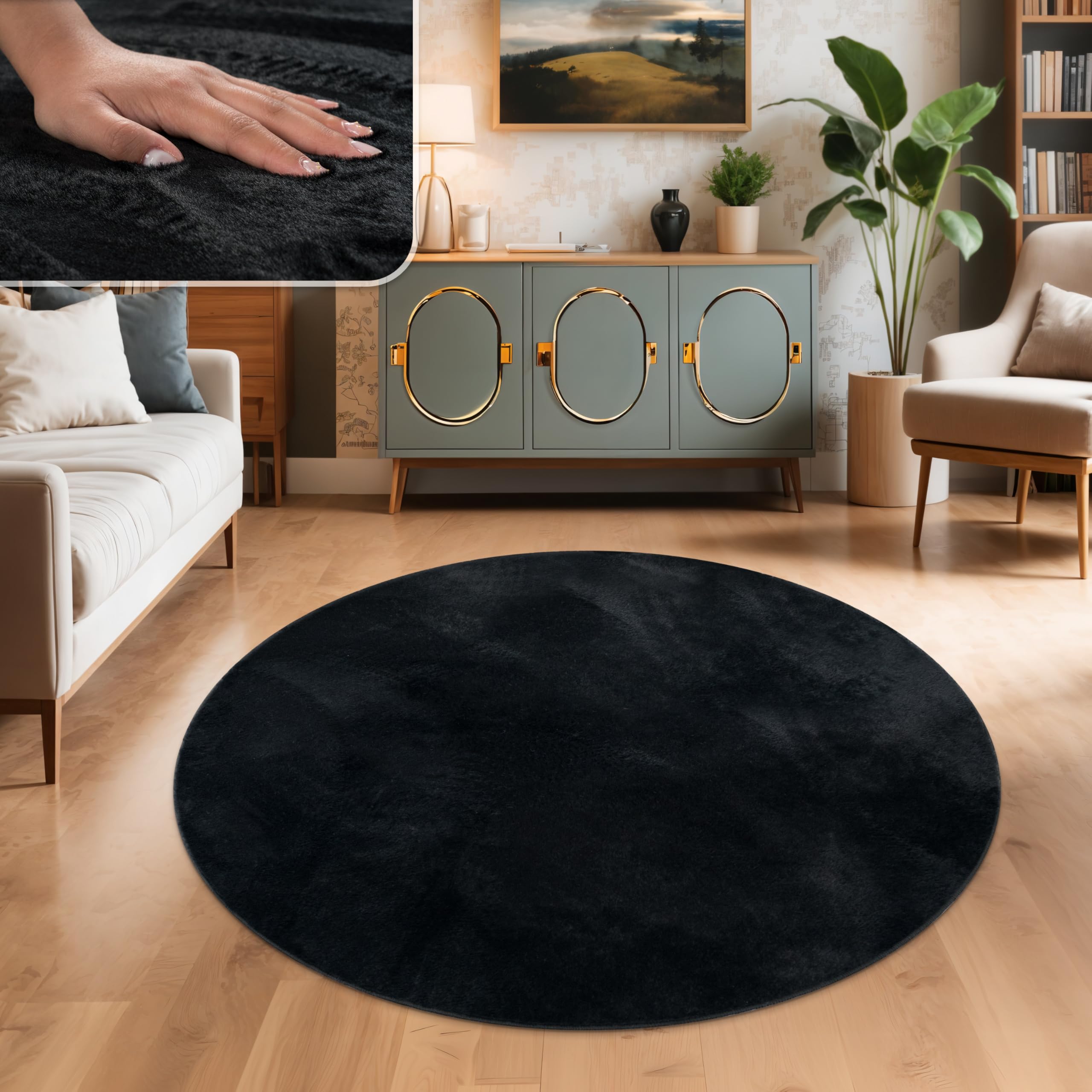 Paco Home Teppich Wohnzimmer Kunstfell weich waschbar modern elegant pflegeleicht Felloptik Uni Seidenglanz flauschig Hochflor, Grösse:80 cm Rund, Farbe:Schwarz