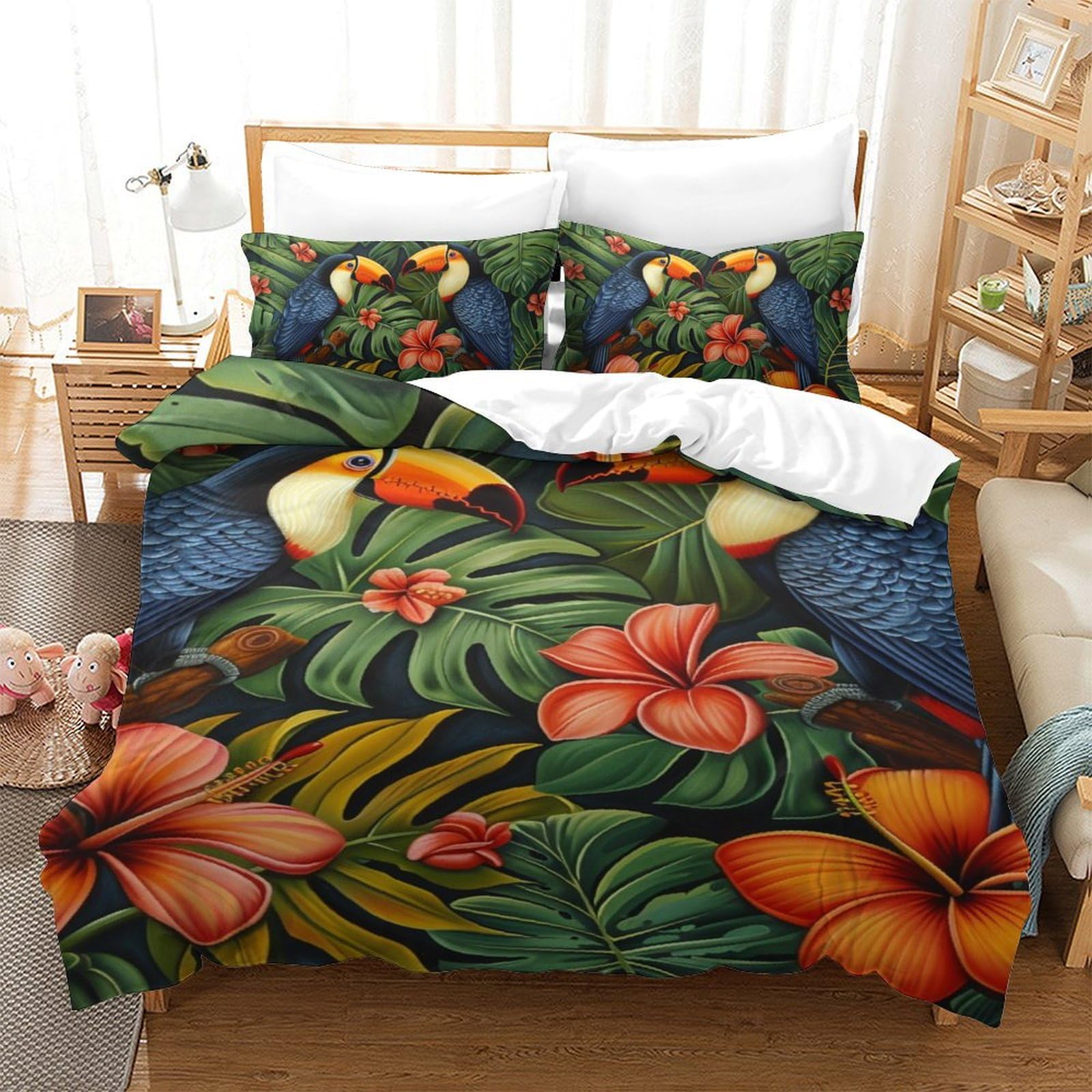 Housse de couette oiseaux 140x200cm pour lit enfant facile à enfiler avec zip