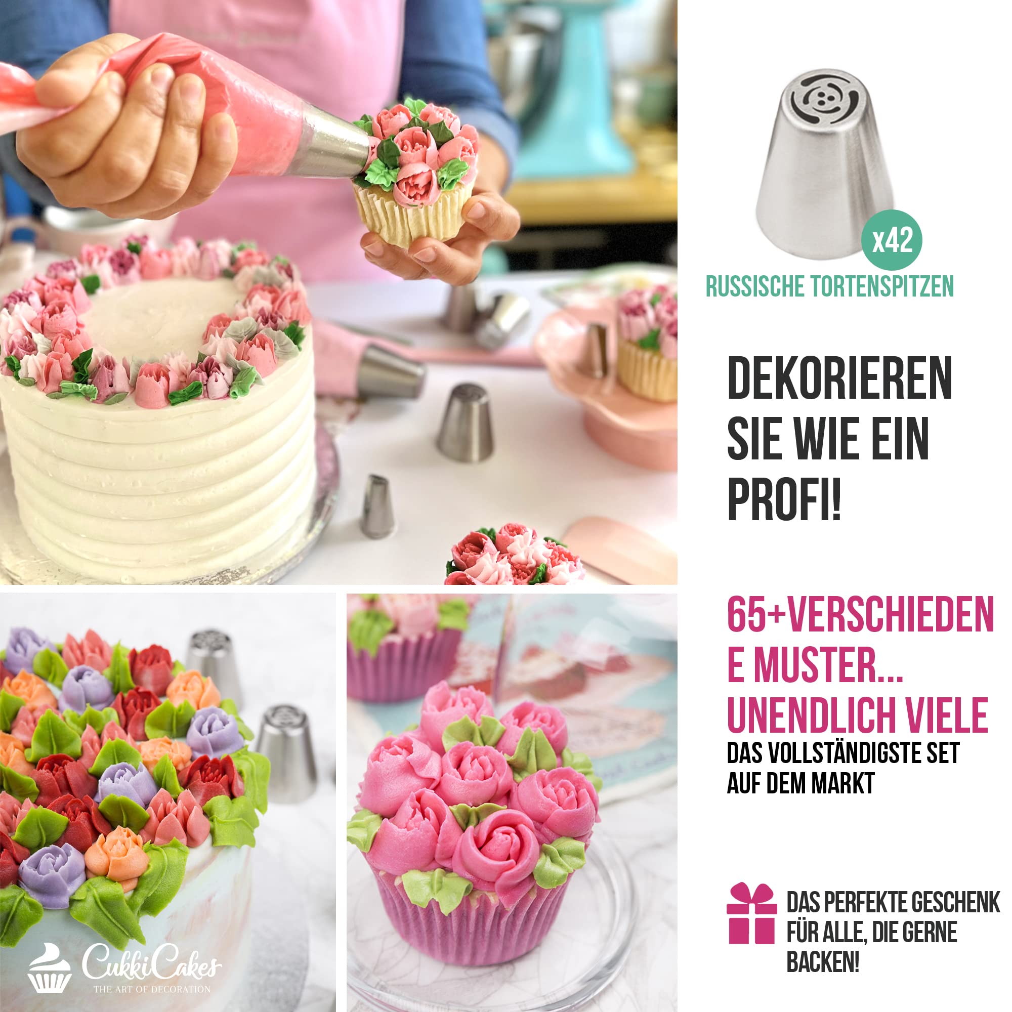 92 tlg Russische Spritztüllen Set Profi aus Edelstahl für Torten Dekoration: 65 Große-Blumen-Tüllen, 20 Einwegspritzbeutel, Silikon-Beutel, 4 Adapter & Geschenk-Box – plus Handbuch