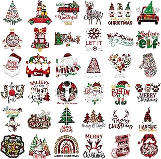 36 Sheets Christmas Iron on Transfers for T-Shirt Christmas Vinyl Iron on Patch Santa Claus Heat Transfer Vinyl Sticker Christmas HTV Iron on Transfer Fabric DIY Craft Supplies (elk, Tree, Snowman)