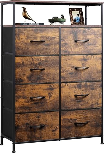 WLIVE Cómoda de tela para dormitorio con estantes abiertos, cómoda alta con 8 cajones, torre de almacenamiento con cubos de tela, cómoda para