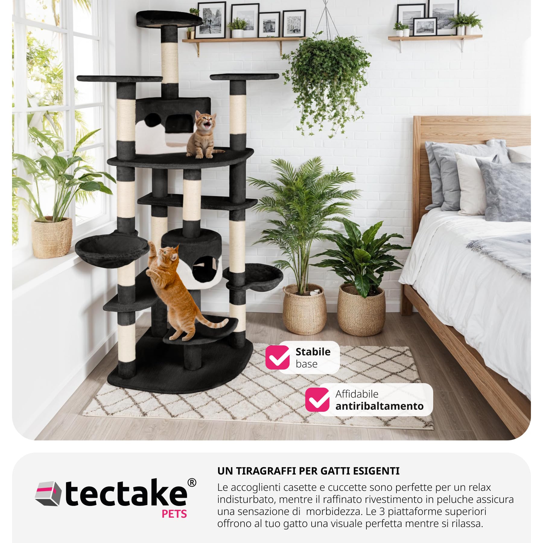 tectake® Tiragraffi per Gatti, Albero con 2 Casette, 4 Piattaforme, Tiragraffi con Amaca per Gatti, Albero per Gatti con Conche Orientabili e Cordicella per Gioco Gatti - Nero/Bianco