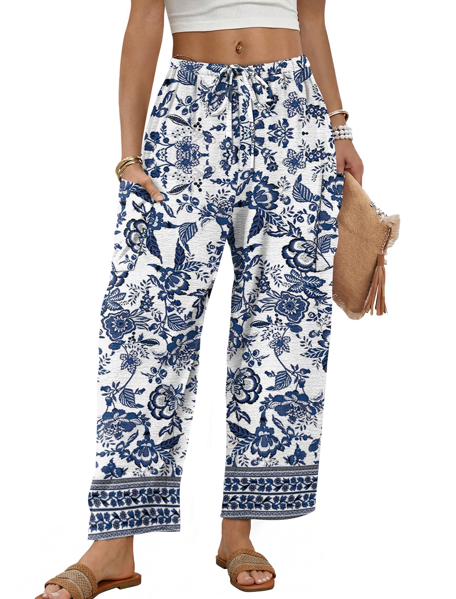 Sampeel Wide Leg Pants for Women Barrel Flowy Palazzo Elastic Waist Trousers with Pockets Summer Beach Vacation Outfits — view 10