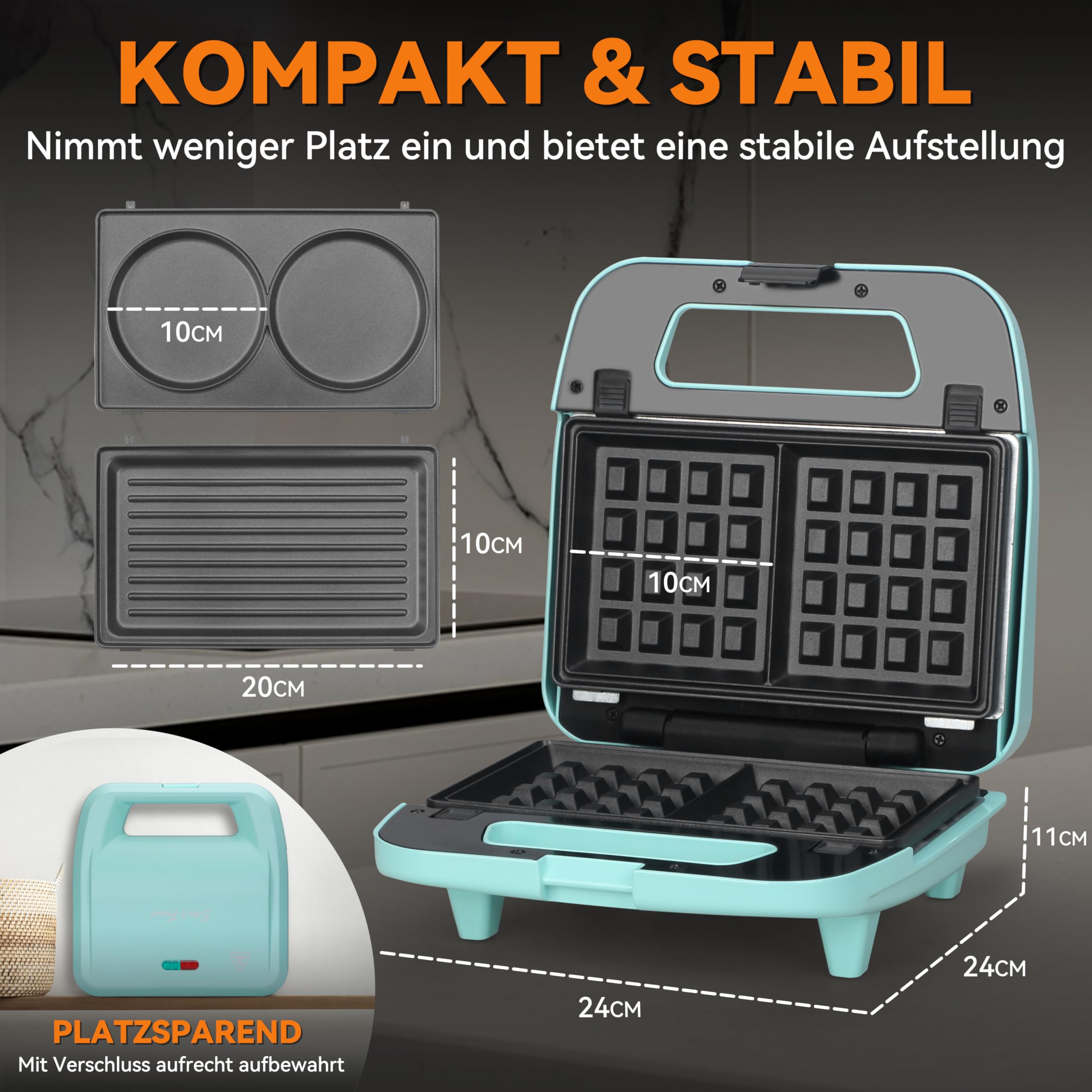 Baker’s Friend 3-in-1 Waffeleisen mit abnehmbaren Platten, quadratisches Waffeleisen mit abnehmbaren Platten, Pfannkuchen- und Sandwichpresse, Grillkäsemacher, antihaftbeschichtet, Edelstahl, Aqua
