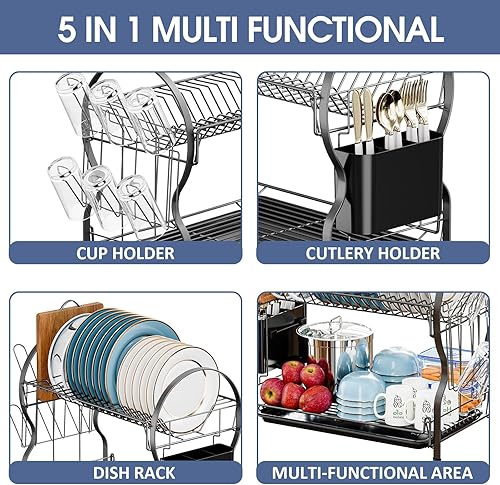 Miniatura 3 de TOOLF Escurridor de platos para encimera de cocina, escurridor de platos de cocina de 2 niveles con escurridor, escurridor de platos de gran