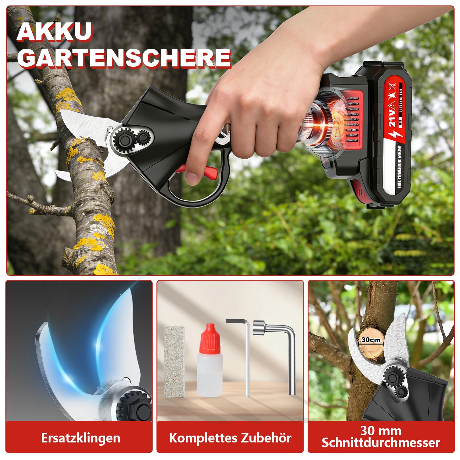 Akku Astschere,30mm Astschere Akku,21V,2x2.0Ah Batterien,Bürstenloser Motor, Ersatzklinge,0.9Kg Leichtes Gehäuse,für Gärten, Obstplantagen und Landwirtschaftliche Betriebe